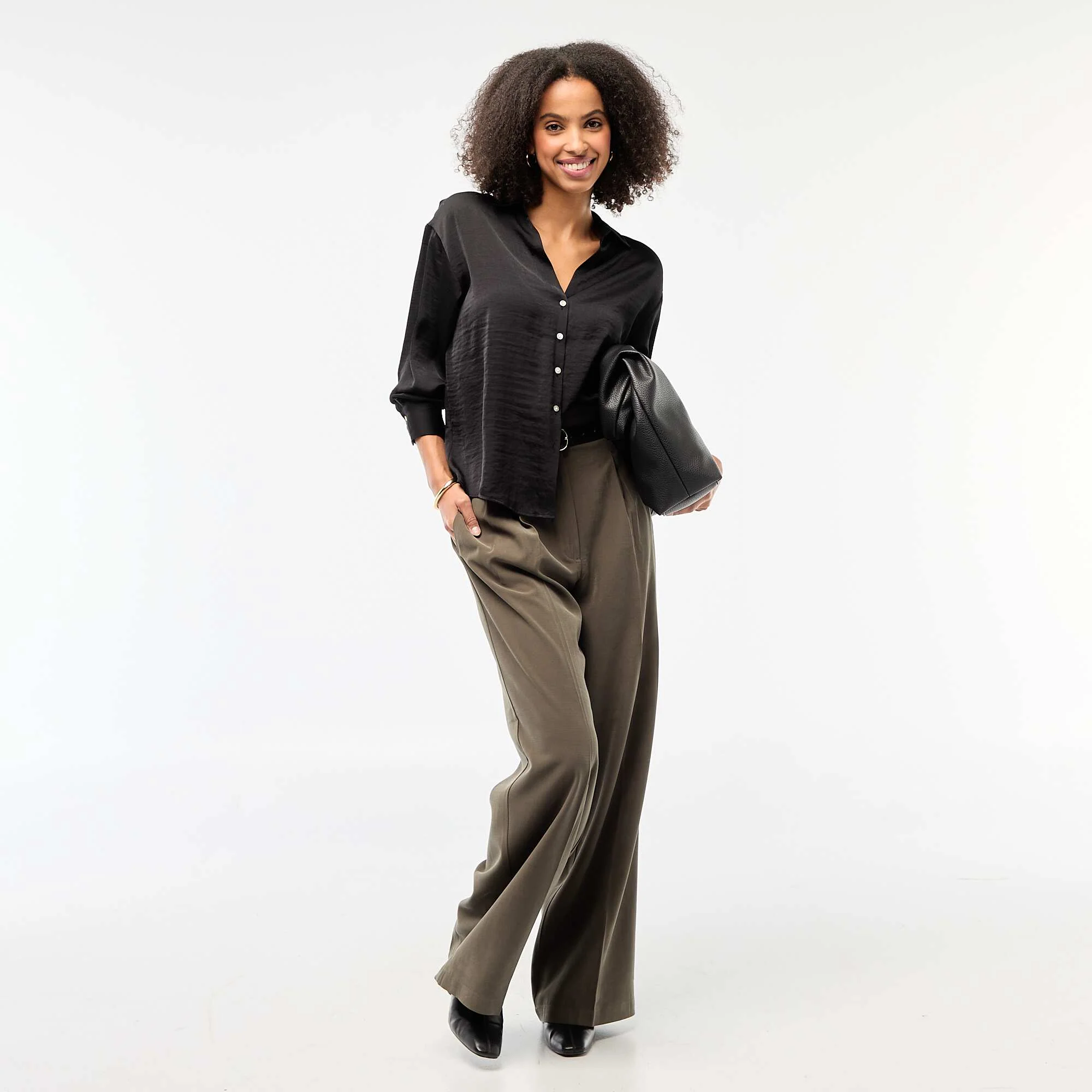 Solid Satin Long-Sleeve Blouse BLACK - Image 2