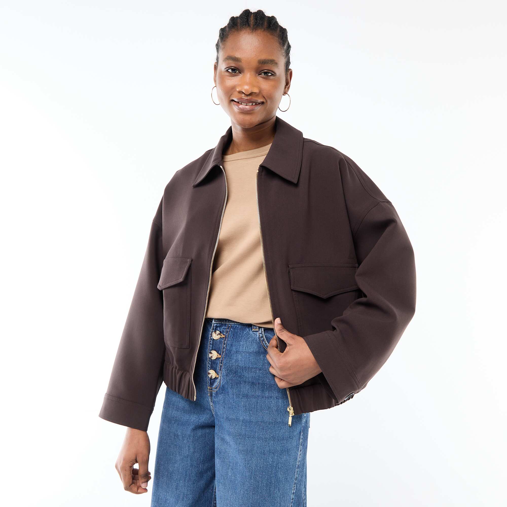 Solid Zip-Up Jacket with Patch Pockets BROWN