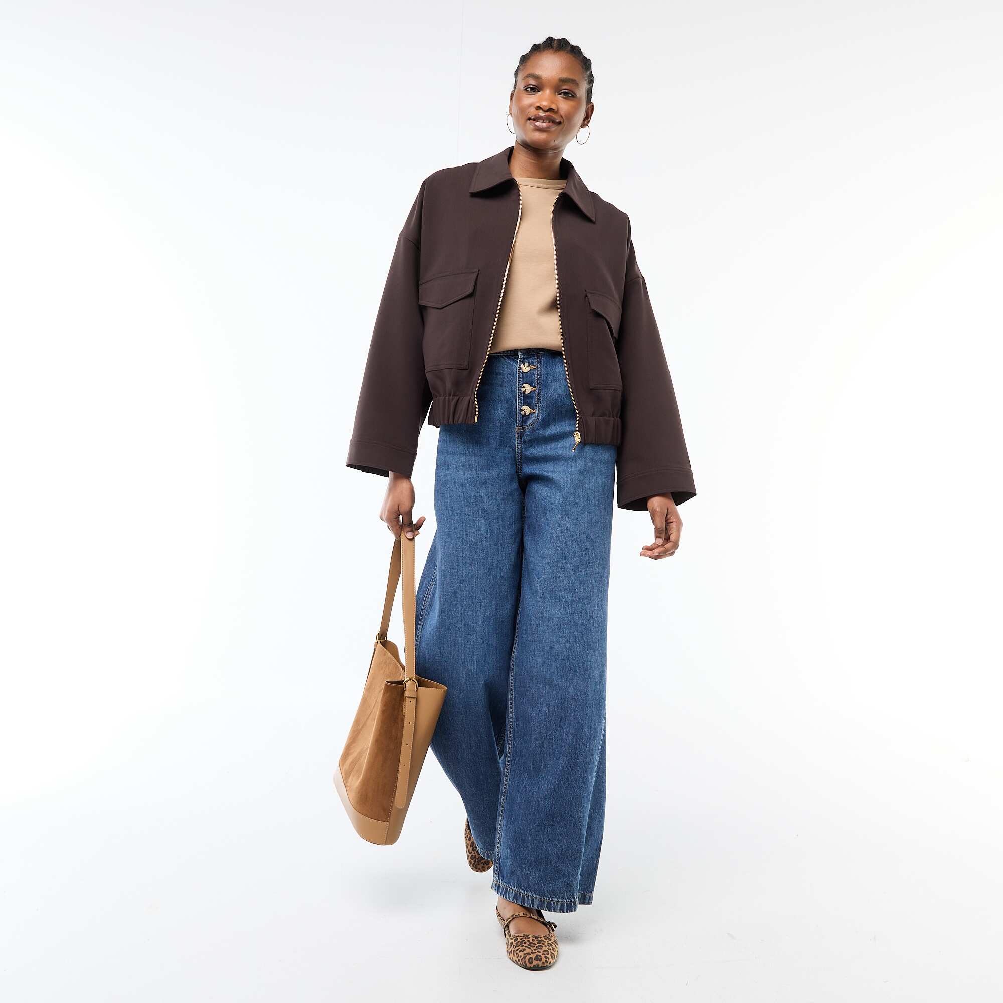 Solid Zip-Up Jacket with Patch Pockets BROWN - Image 2
