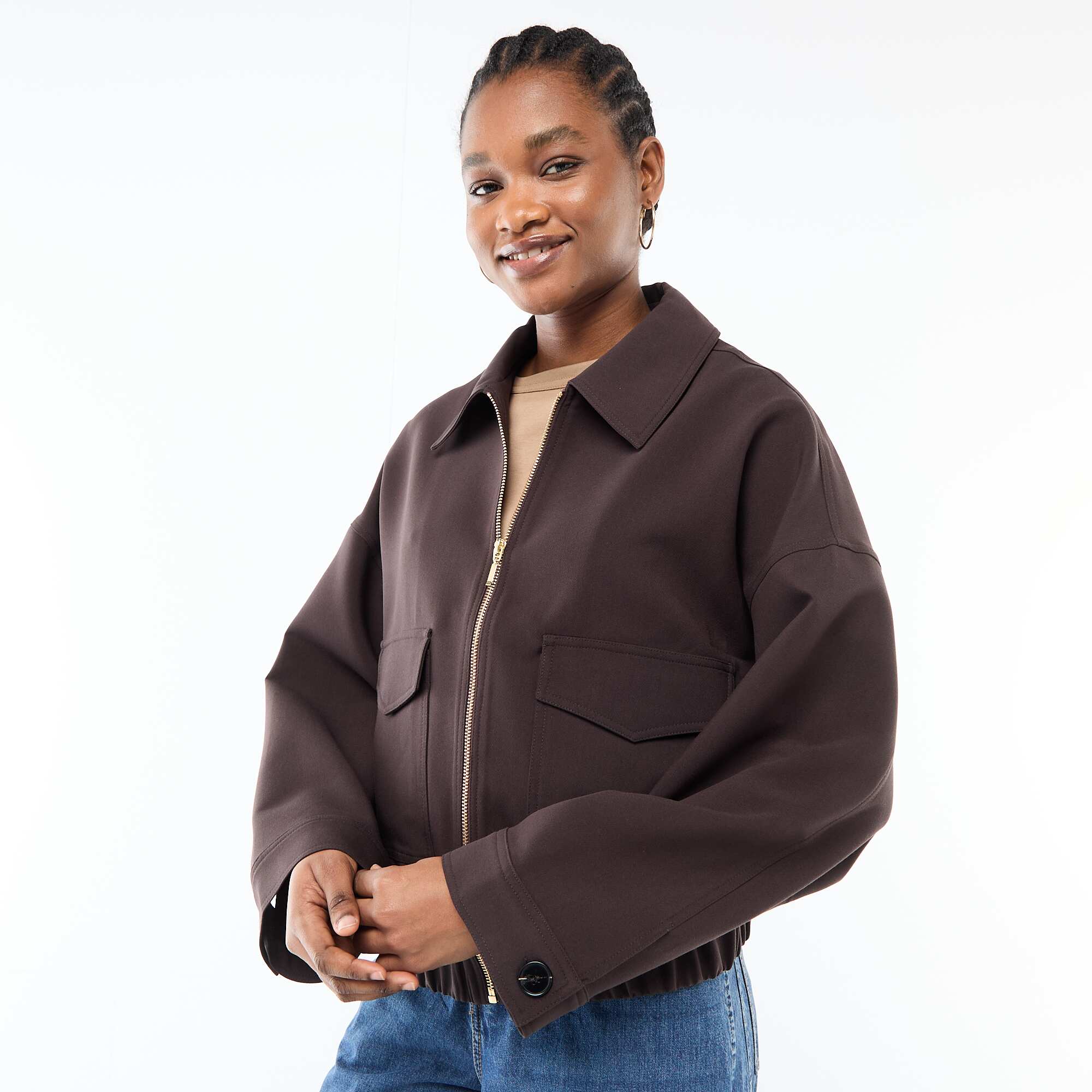 Solid Zip-Up Jacket with Patch Pockets BROWN - Image 4