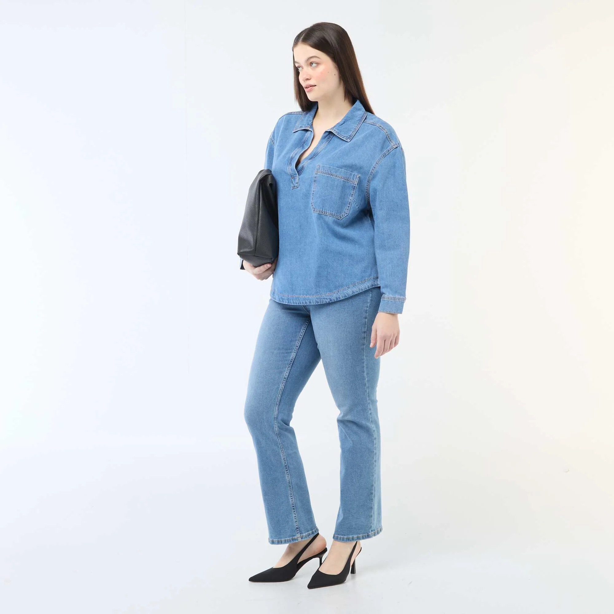 Straight-Cut Denim Blouse BLUE - Image 2