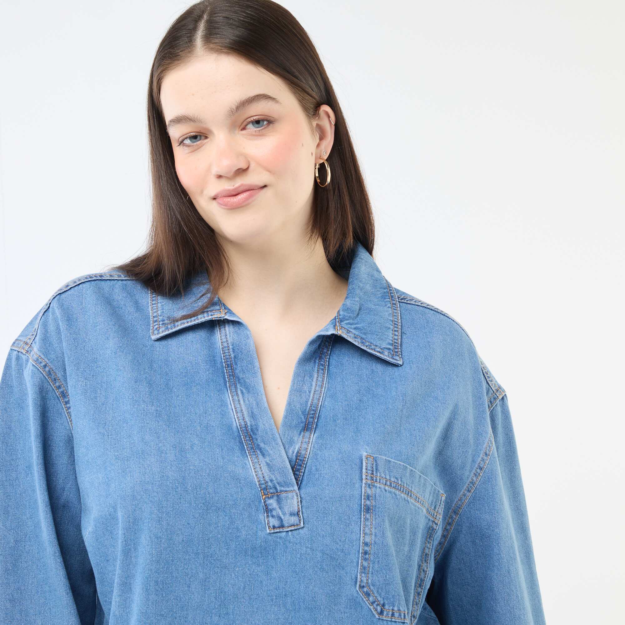 Straight-Cut Denim Blouse BLUE - Image 3