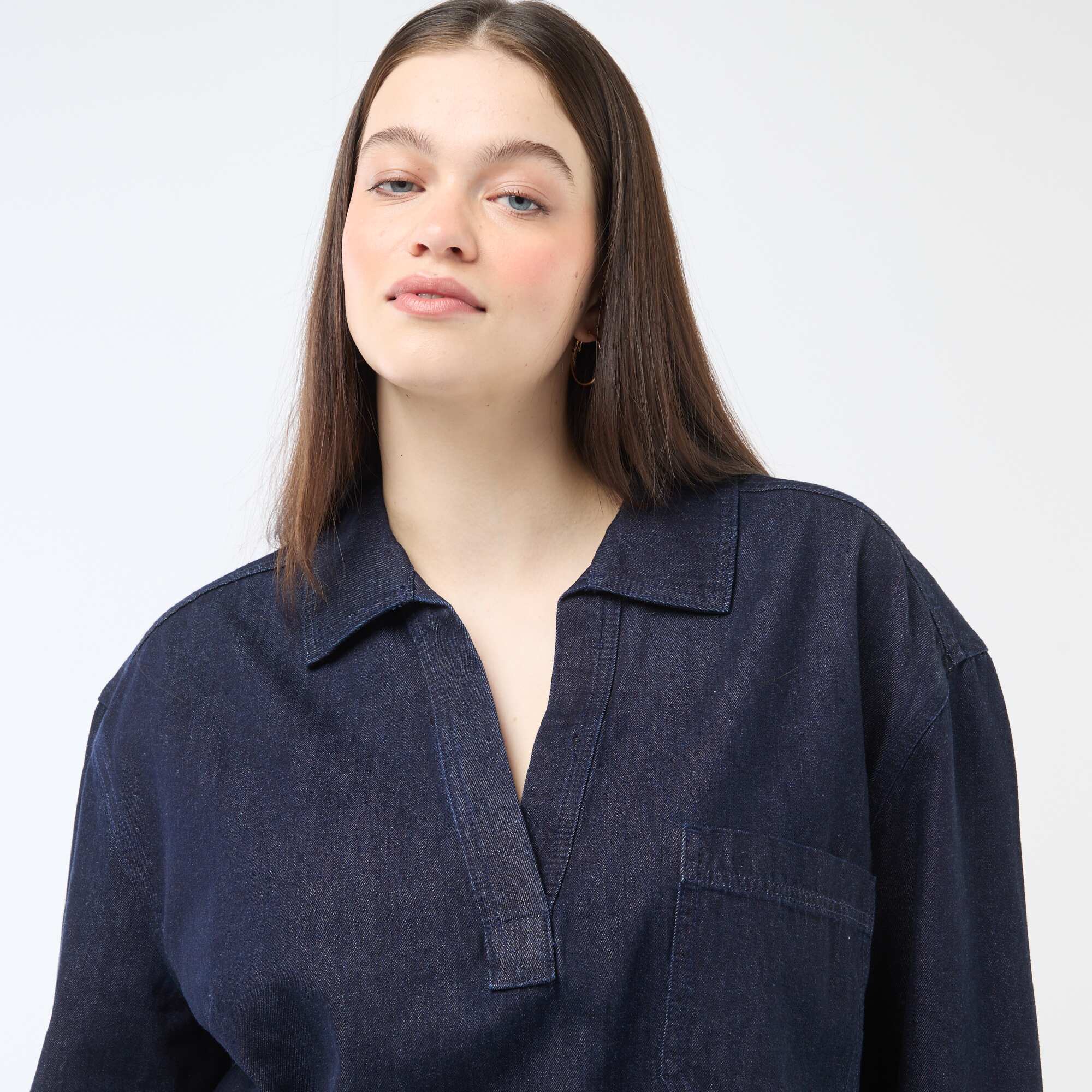 Straight-Cut Denim Blouse BLUE - Image 3