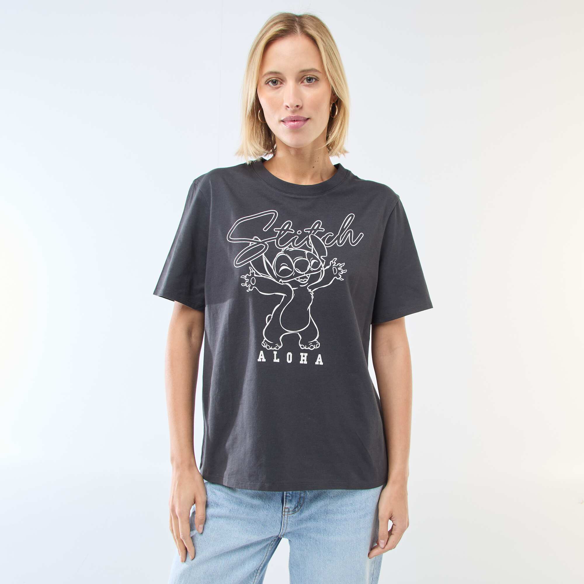 Straight-fit 'Stitch' Print T-shirt BLACK - Image 4