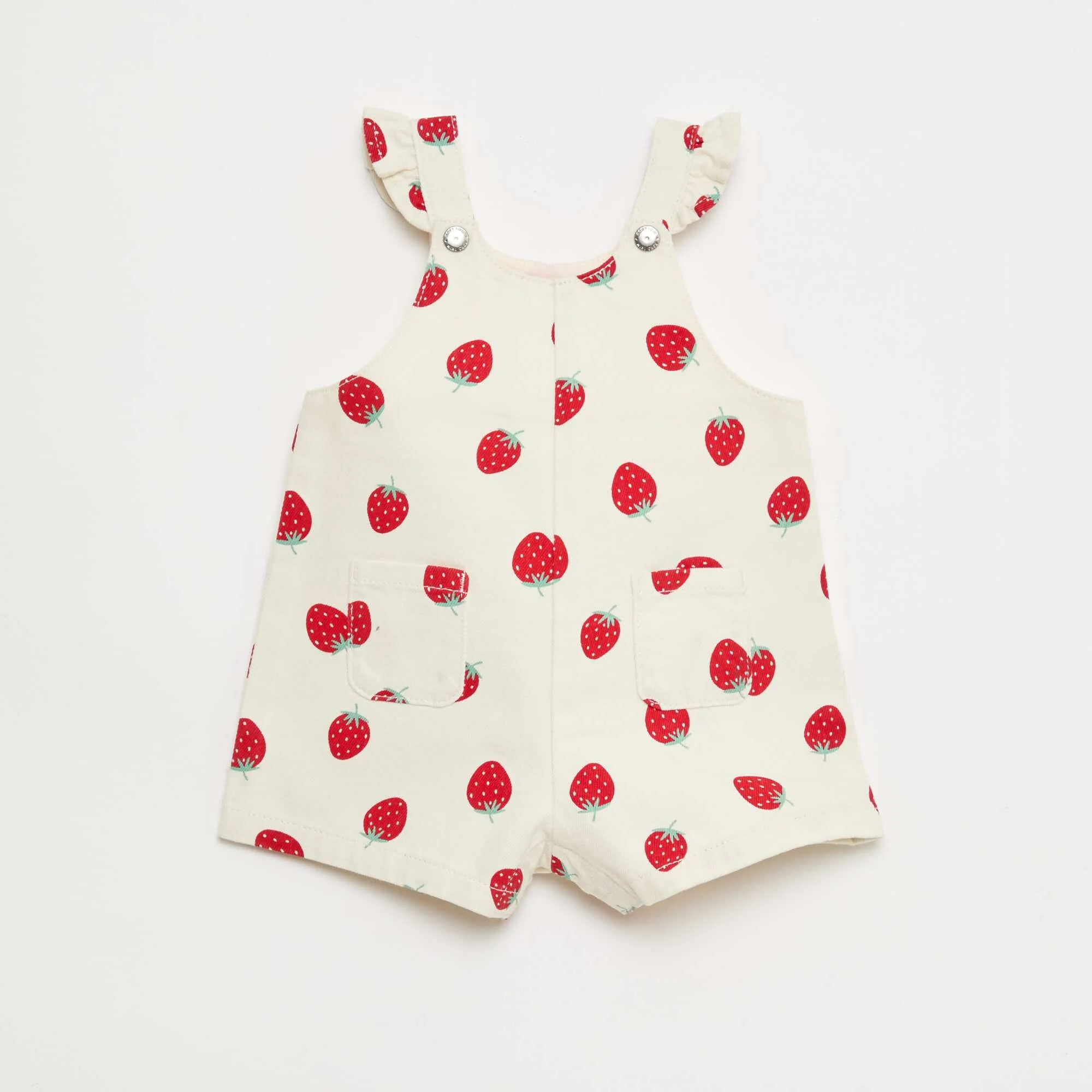 Strawberry Print Twill Short Overalls WHITE
