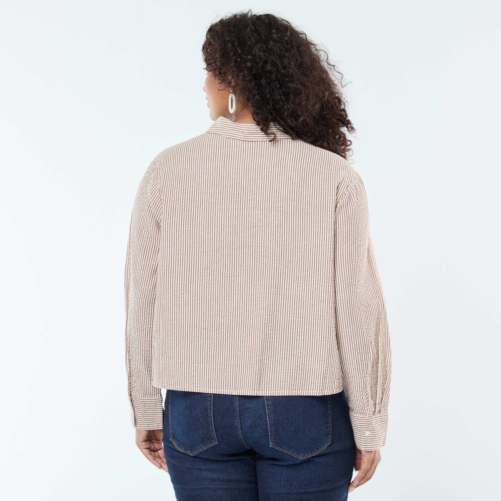 Striped blouse with embroidery at the hem BROWN - Image 3