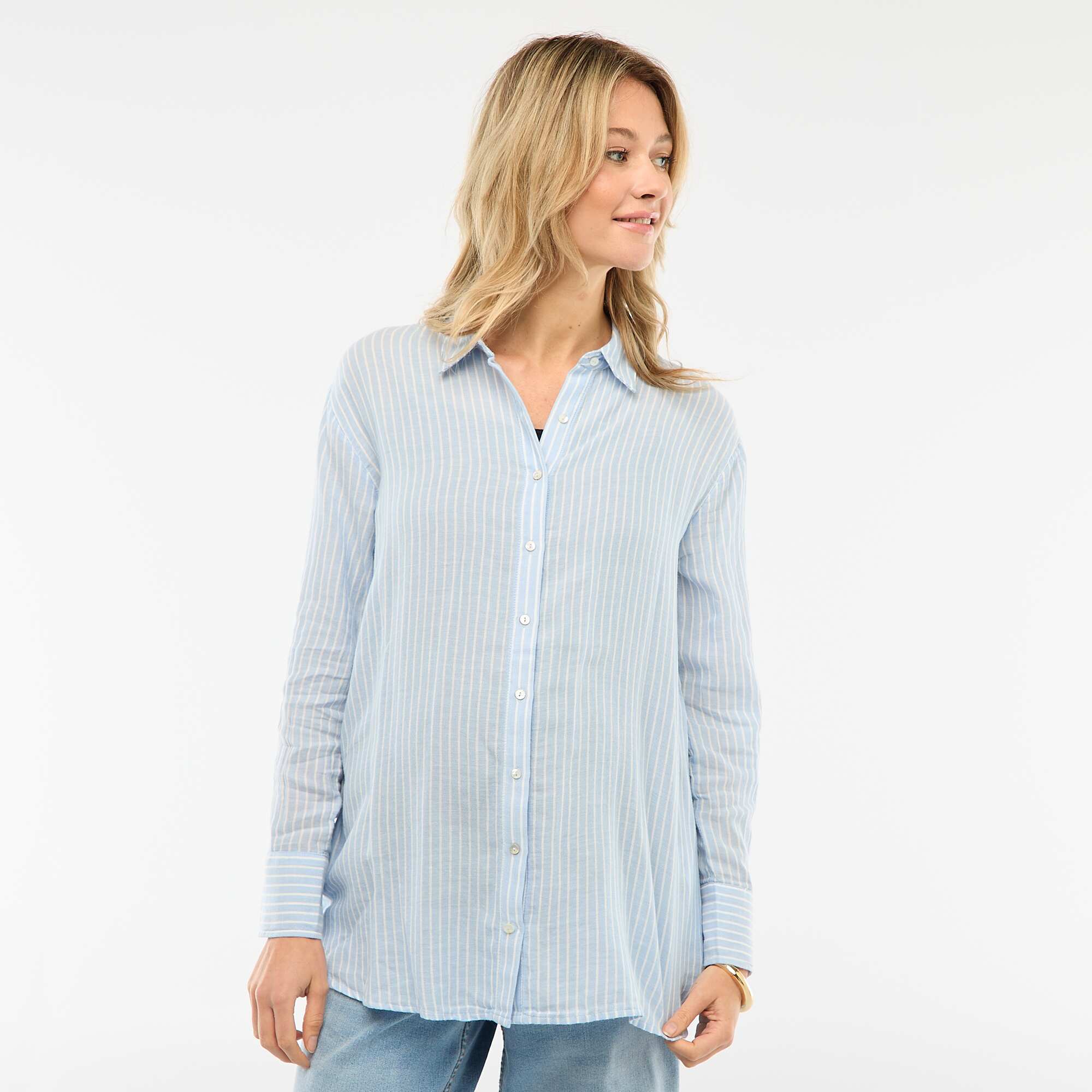 Striped Cotton Maternity Shirt BLUE - Image 4