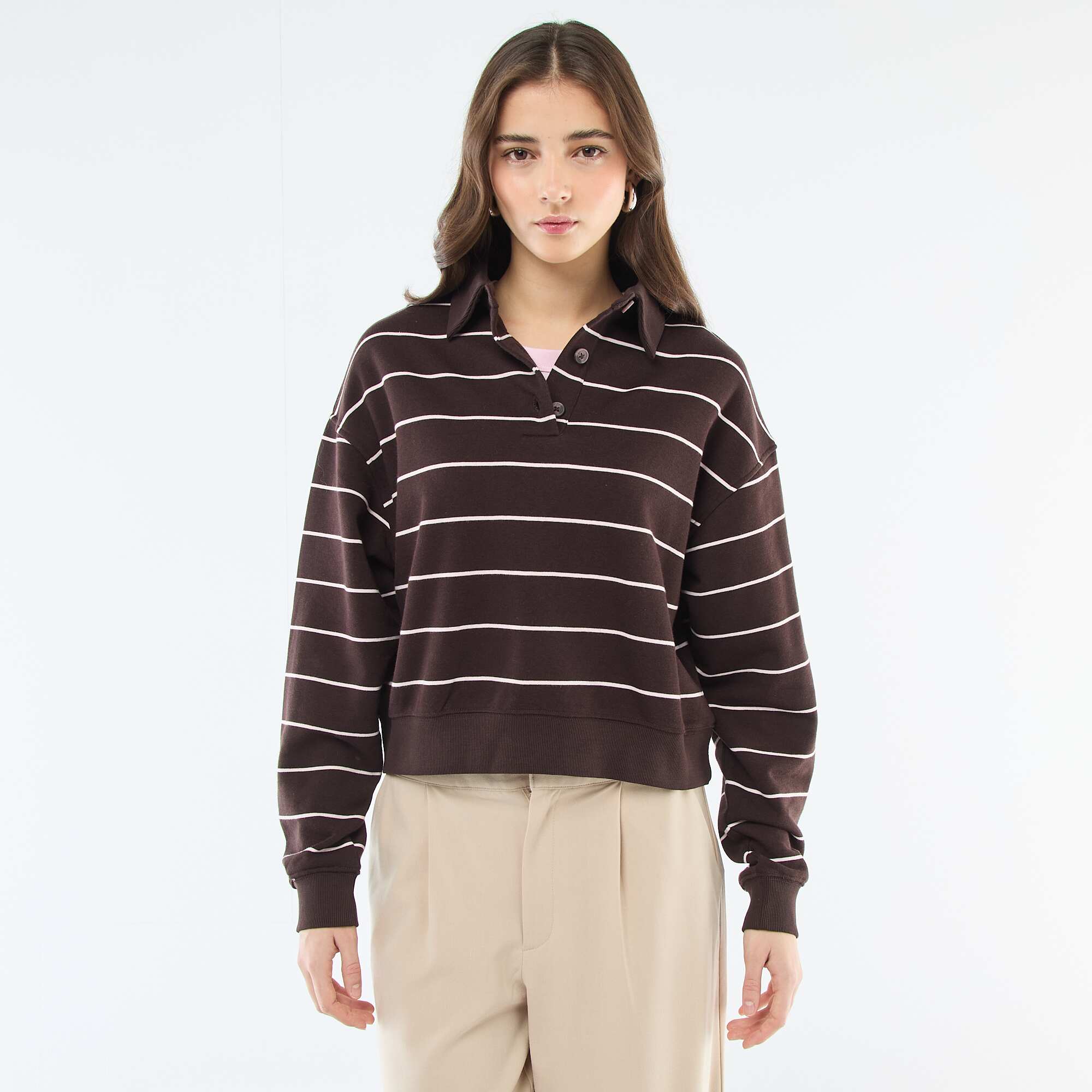 Striped Polo Sweatshirt BROWN - Image 3