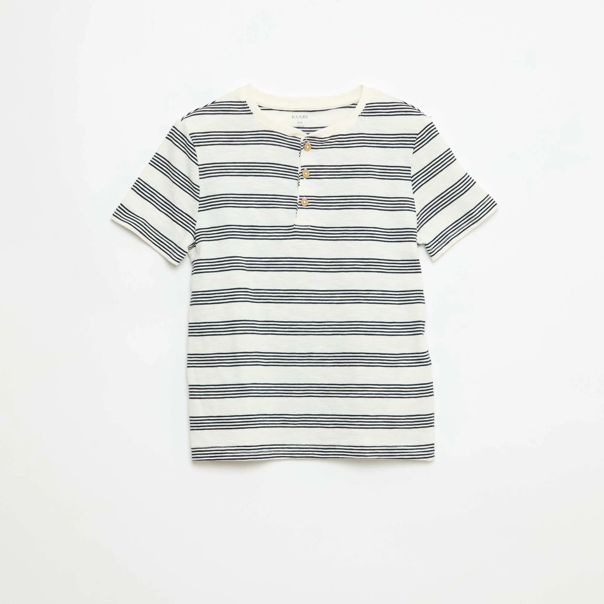 Striped T-shirt with Tunisian Collar BEIGE