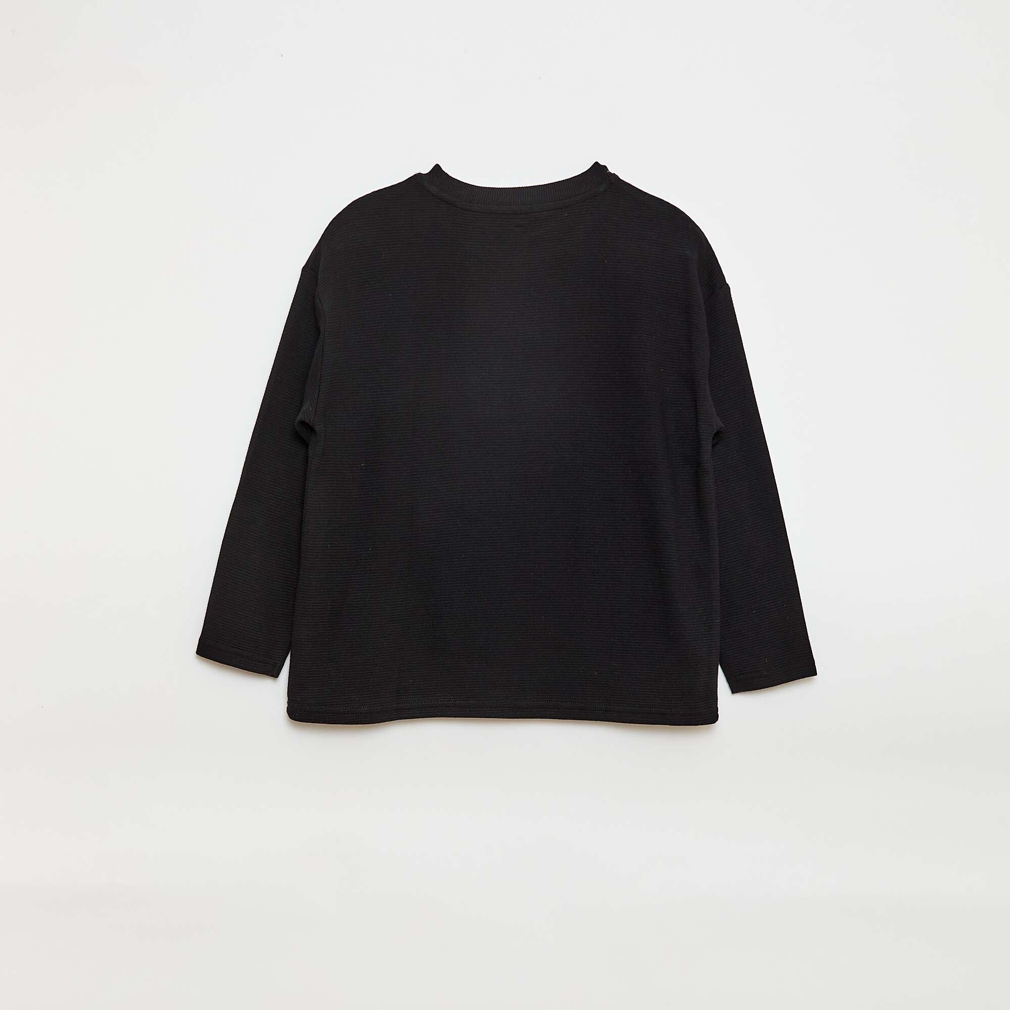T-shirt with Ottoman Knit Kangaroo Pocket BLACK - Image 2