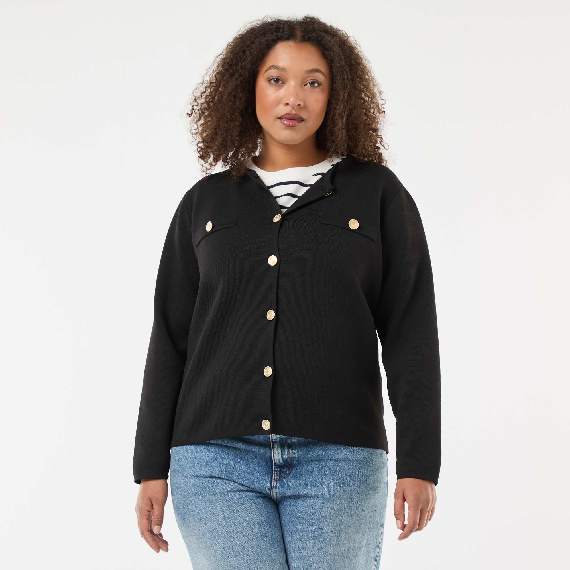 Textured Knit Cardigan with Retro Buttons BLACK