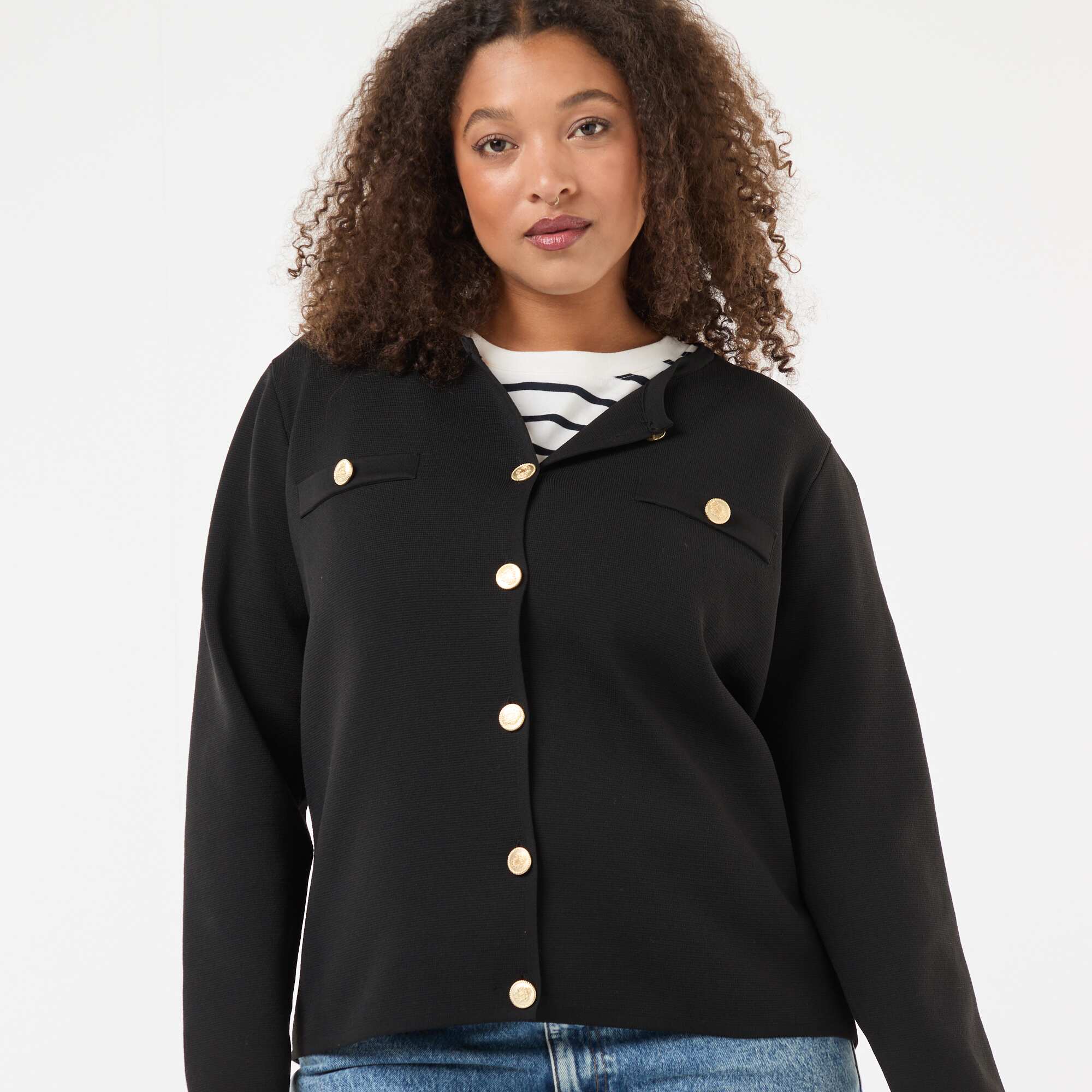 Textured Knit Cardigan with Retro Buttons BLACK - Image 4