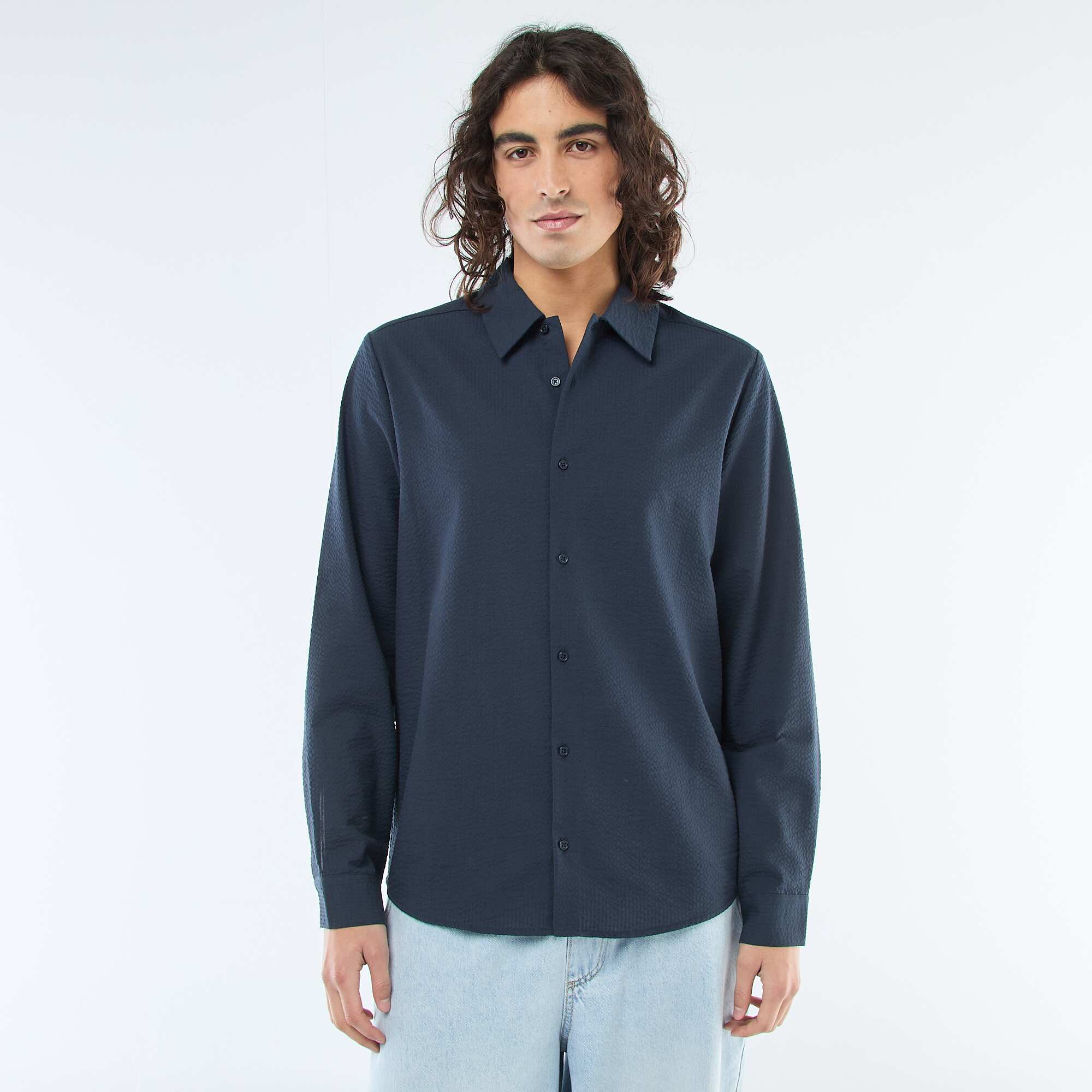 Textured Solid Shirt BLUE - Image 3