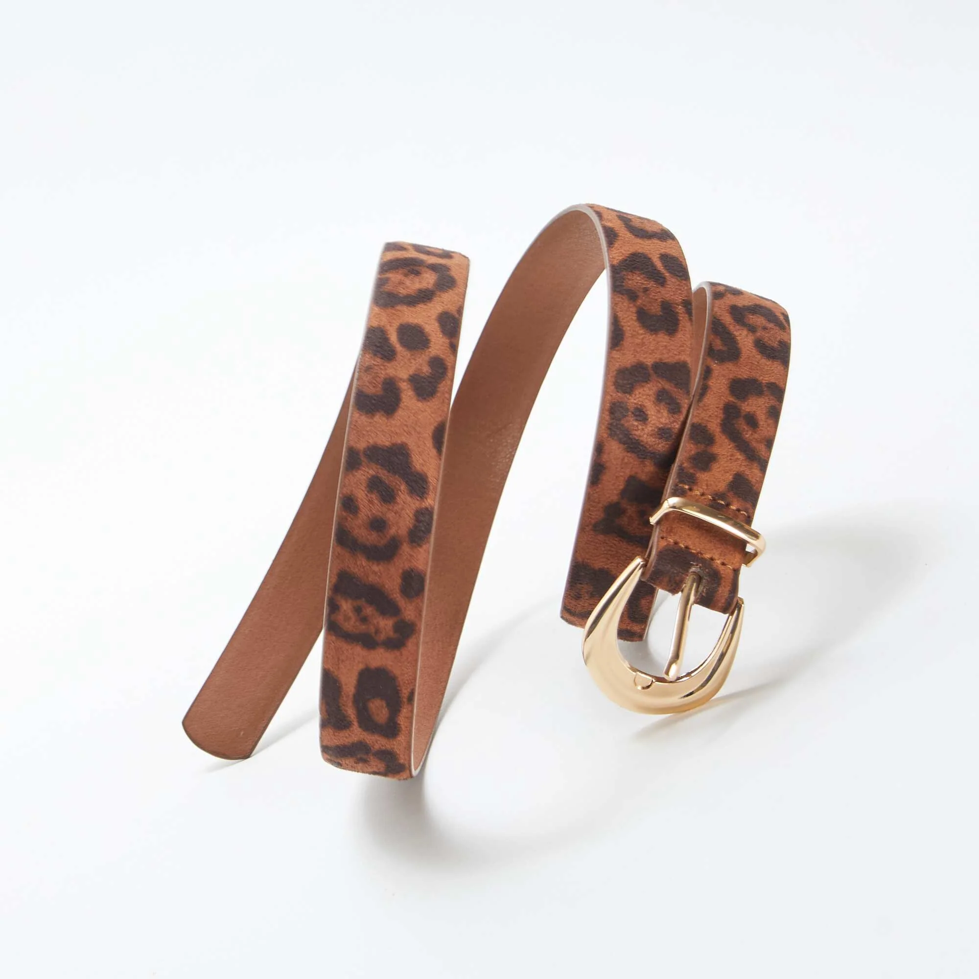 Thin leopard print suedette belt BROWN