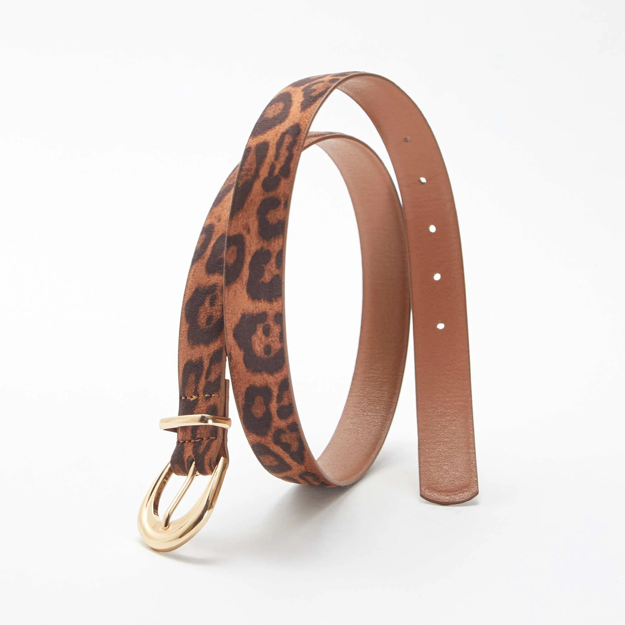 Thin leopard print suedette belt BROWN