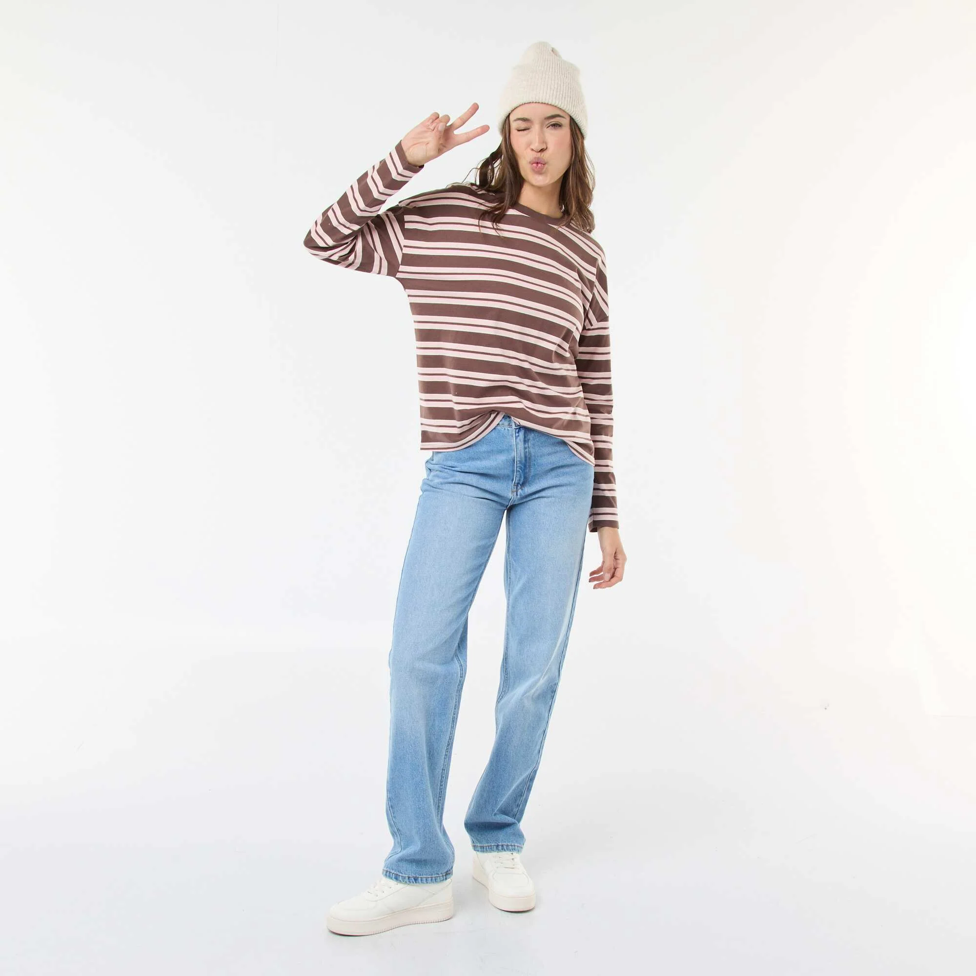 Tricolor Striped Cotton T-shirt BROWN - Image 2