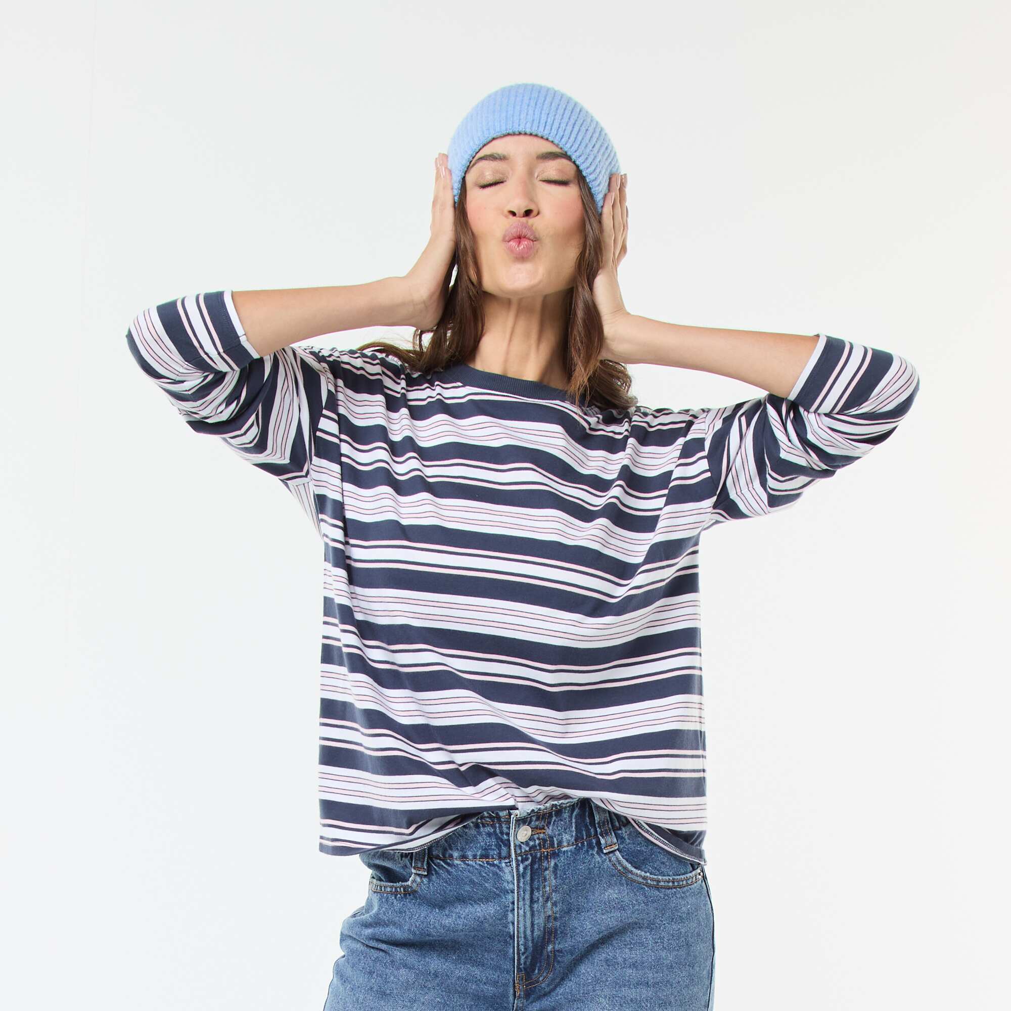 Tricolour Striped Cotton T-shirt BLUE