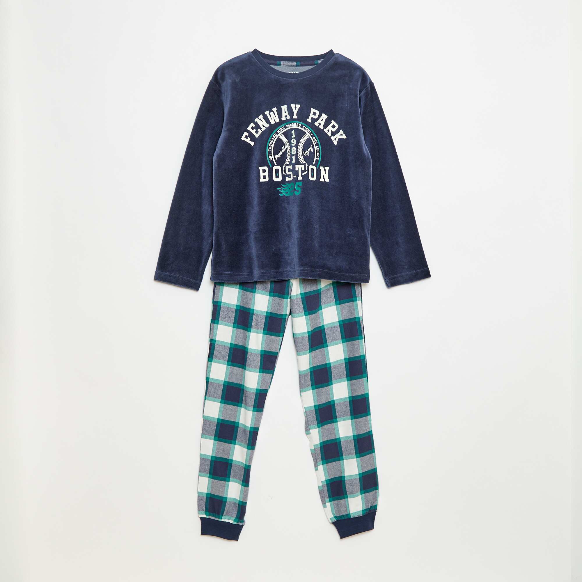 Two-Piece Bi-Material Long Pyjama Set - T-shirt + Trousers BLUE