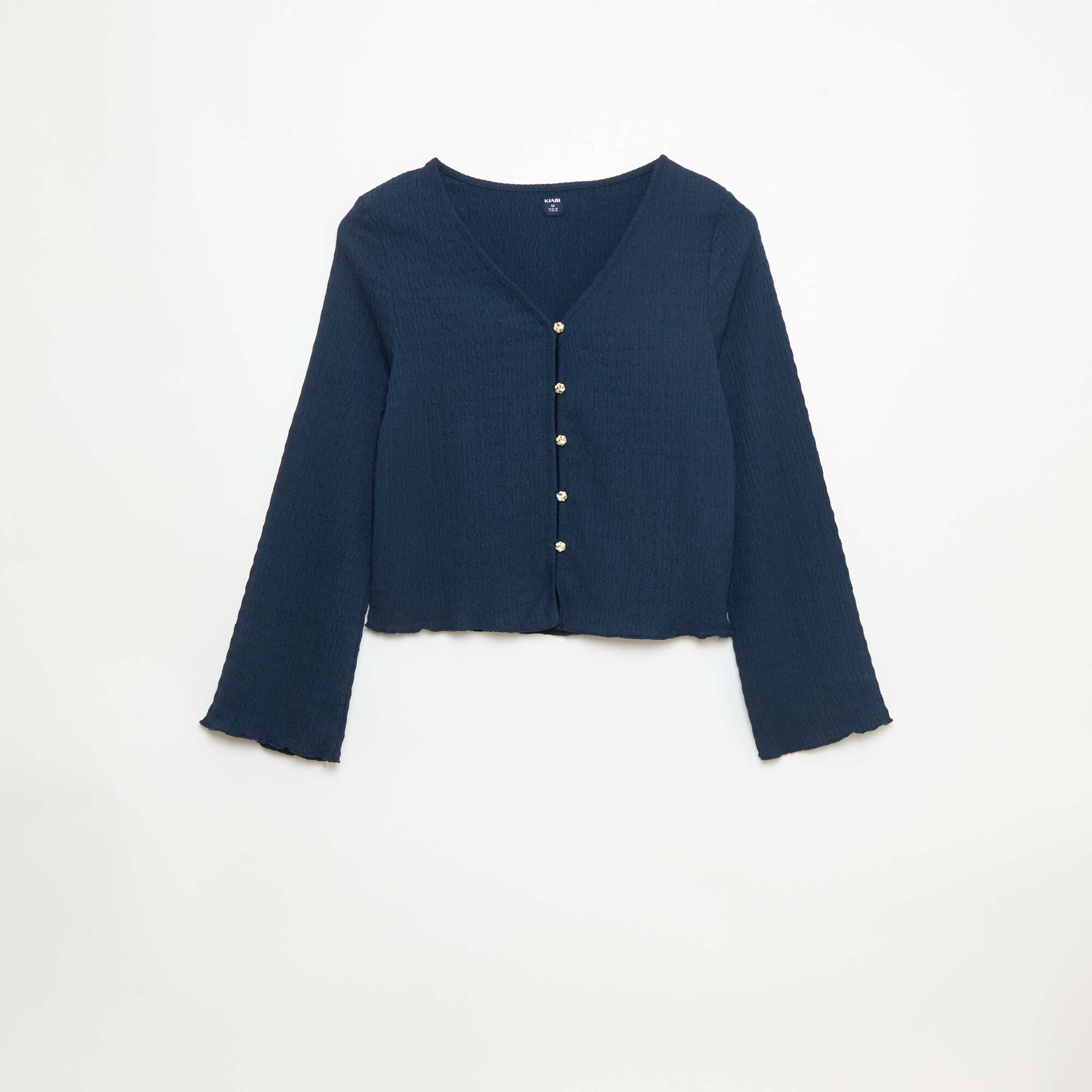 V-Neck Waffle Knit Top with Gold Buttons BLUE