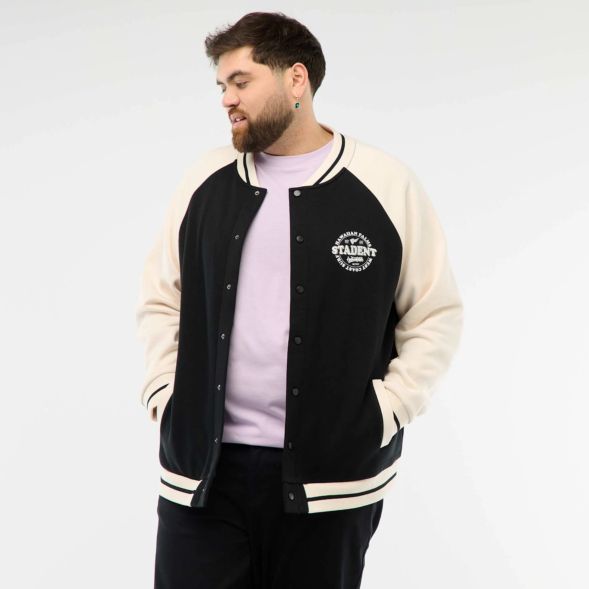 Varsity-Style Raglan Sleeve Jacket BLACK