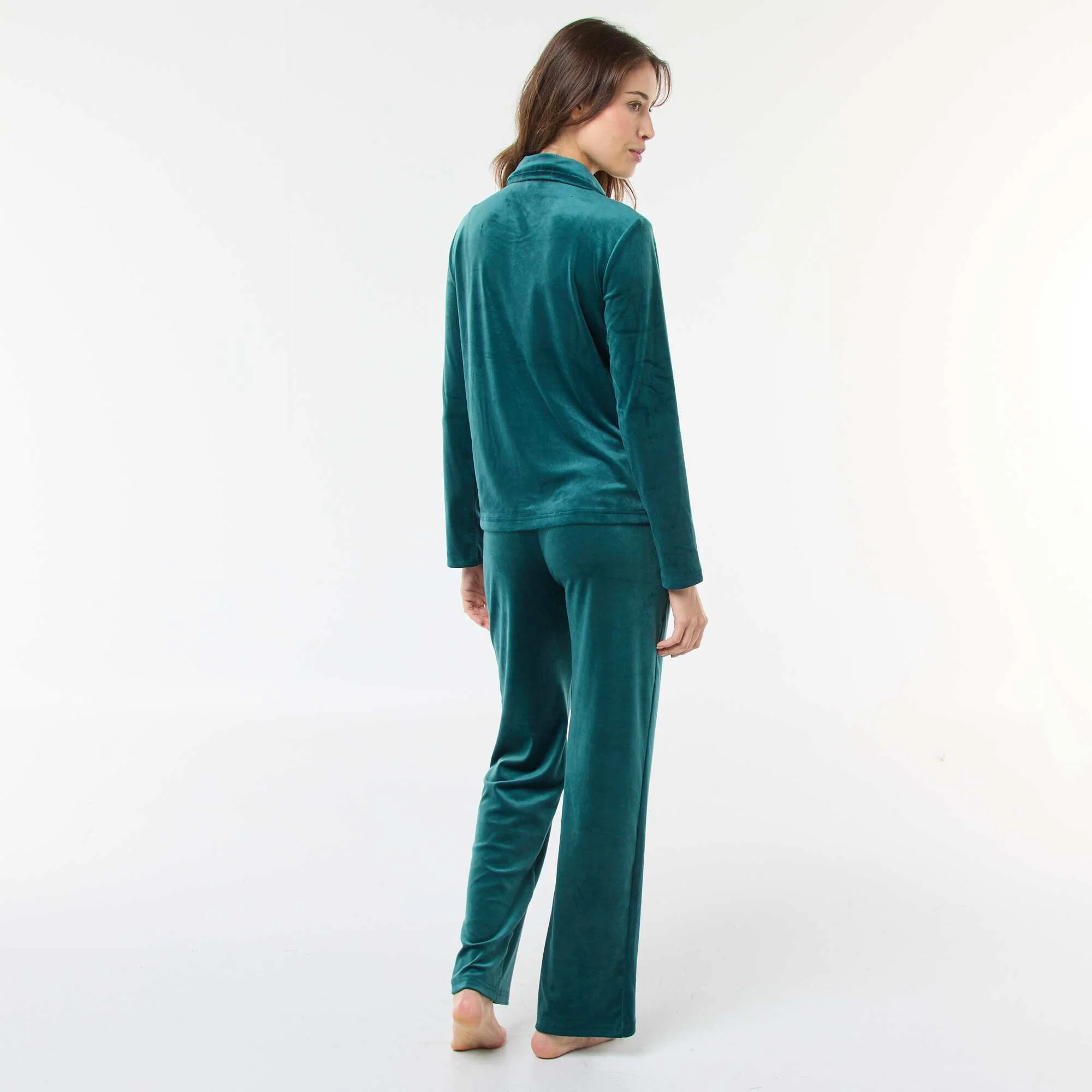 Velvet Long Pajama Set - Shirt + Pants - 2 pieces GREEN - Image 2