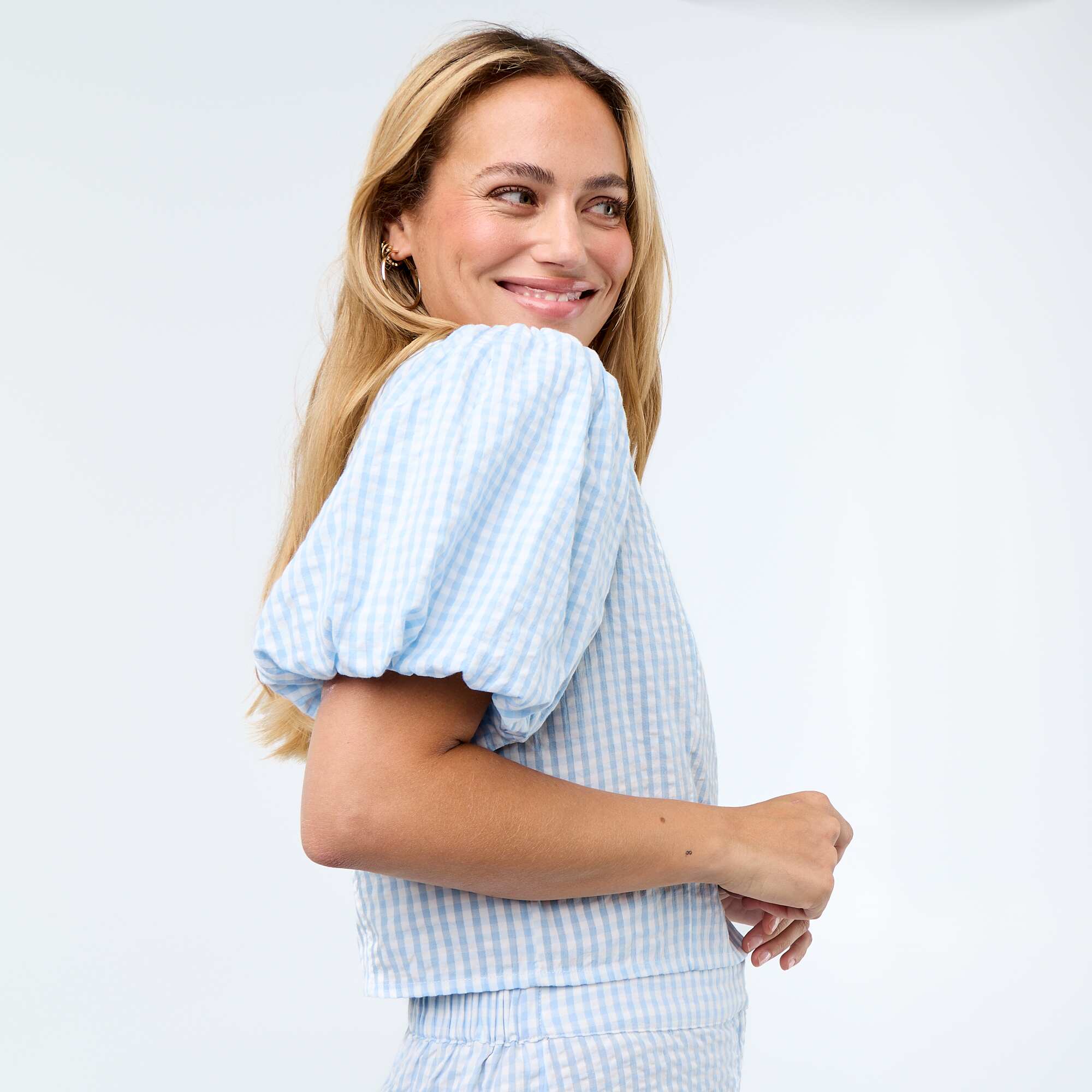 Waffle Knit Cropped Blouse BLUE - Image 4