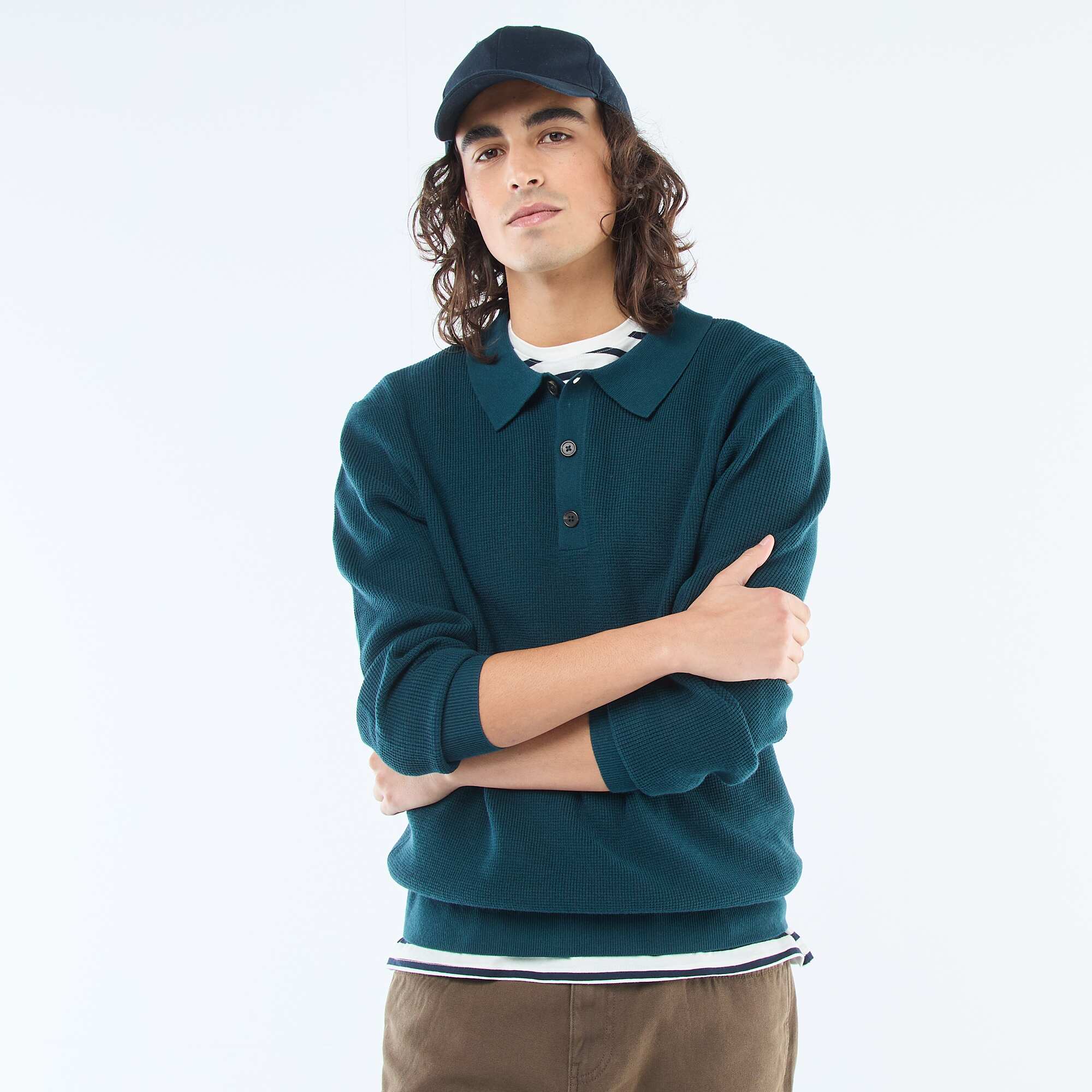 Waffle Knit Polo Collar Sweater BLUE