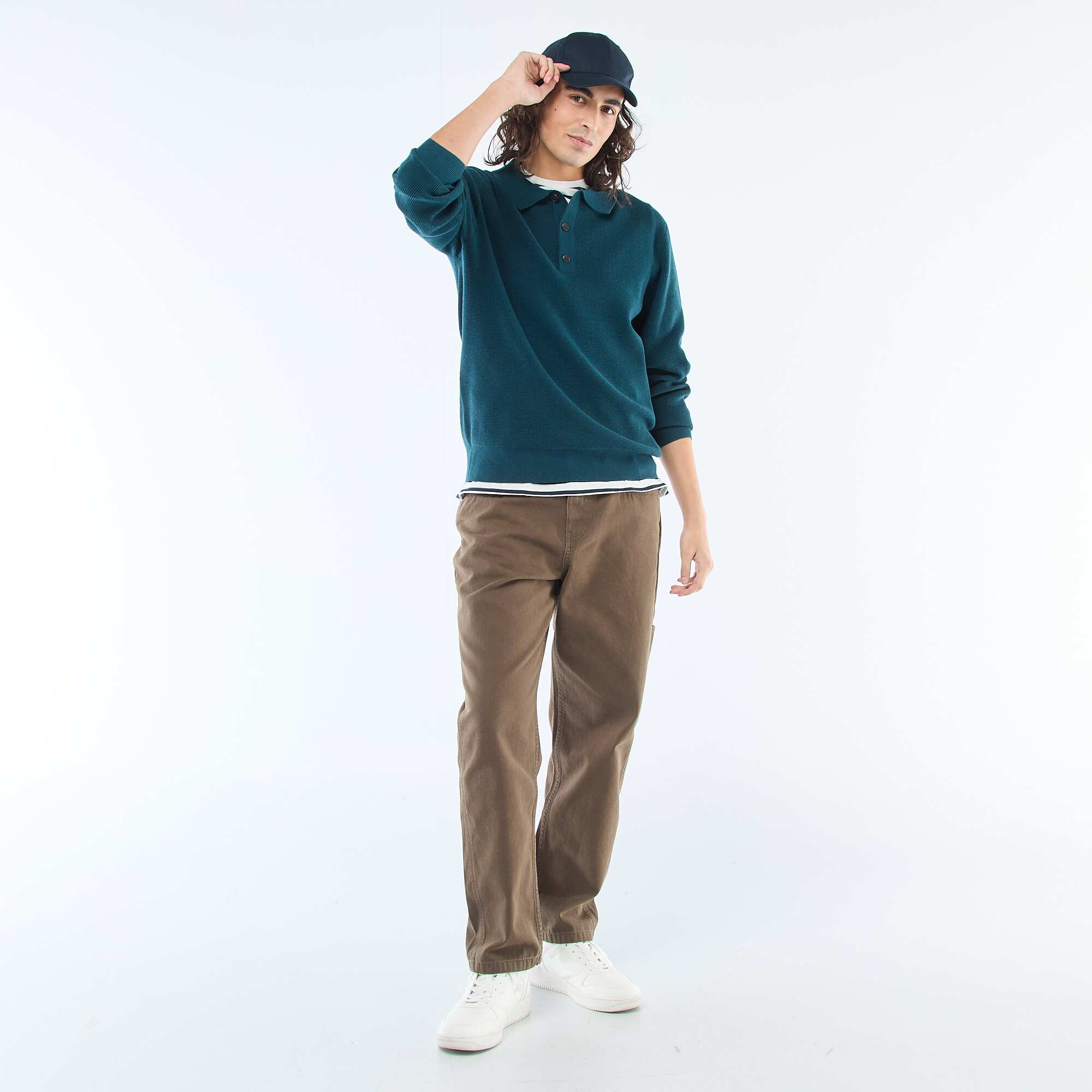 Waffle Knit Polo Collar Sweater BLUE - Image 2