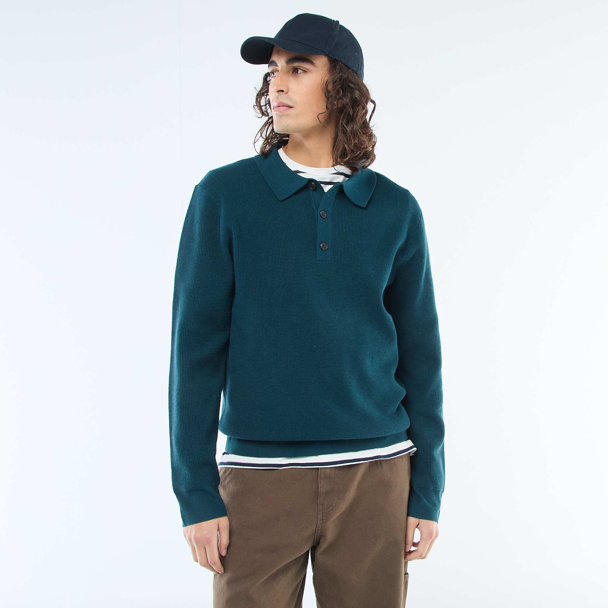 Waffle Knit Polo Collar Sweater BLUE - Image 4
