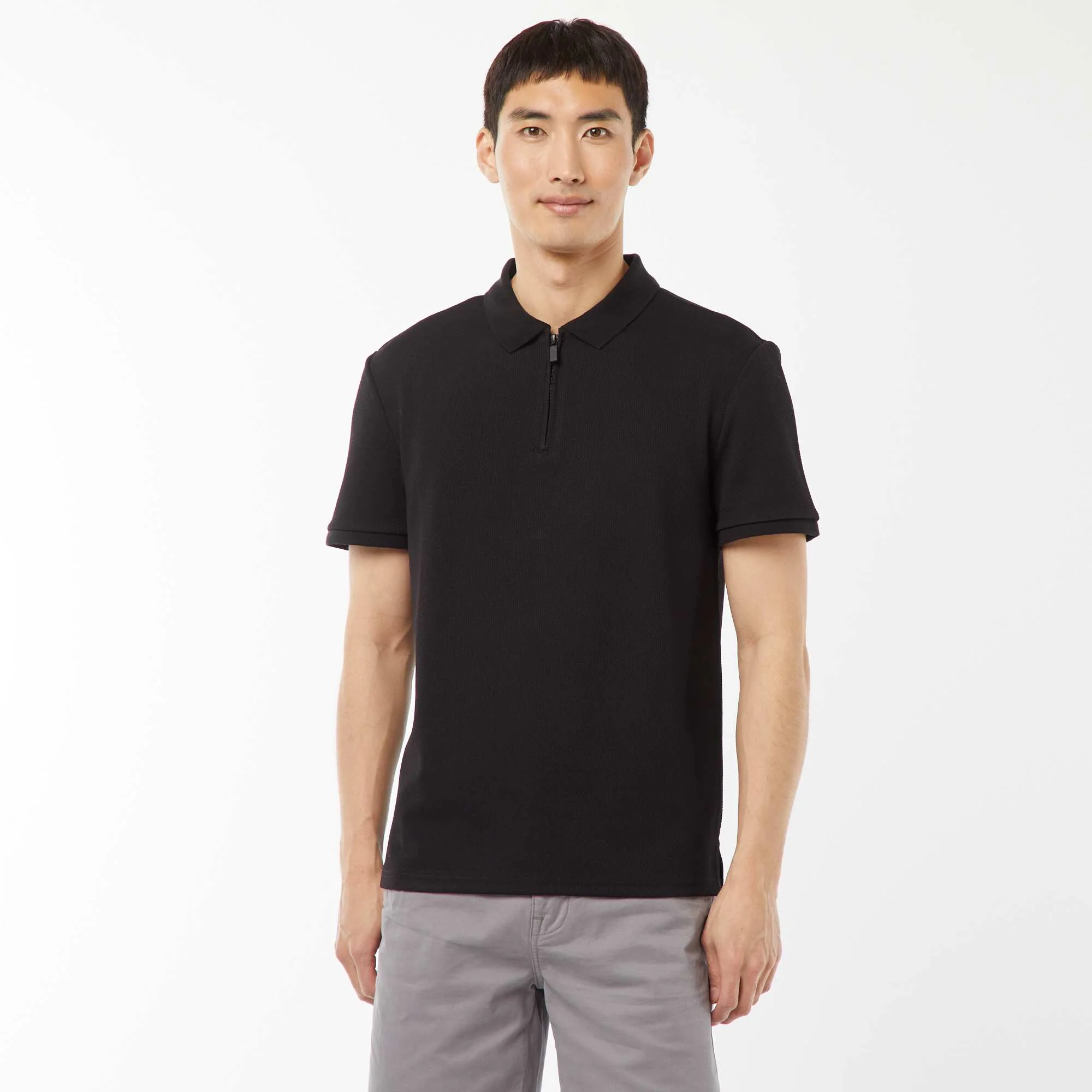 Waffle-knit polo shirt with zip-up neckline BLACK - Image 4