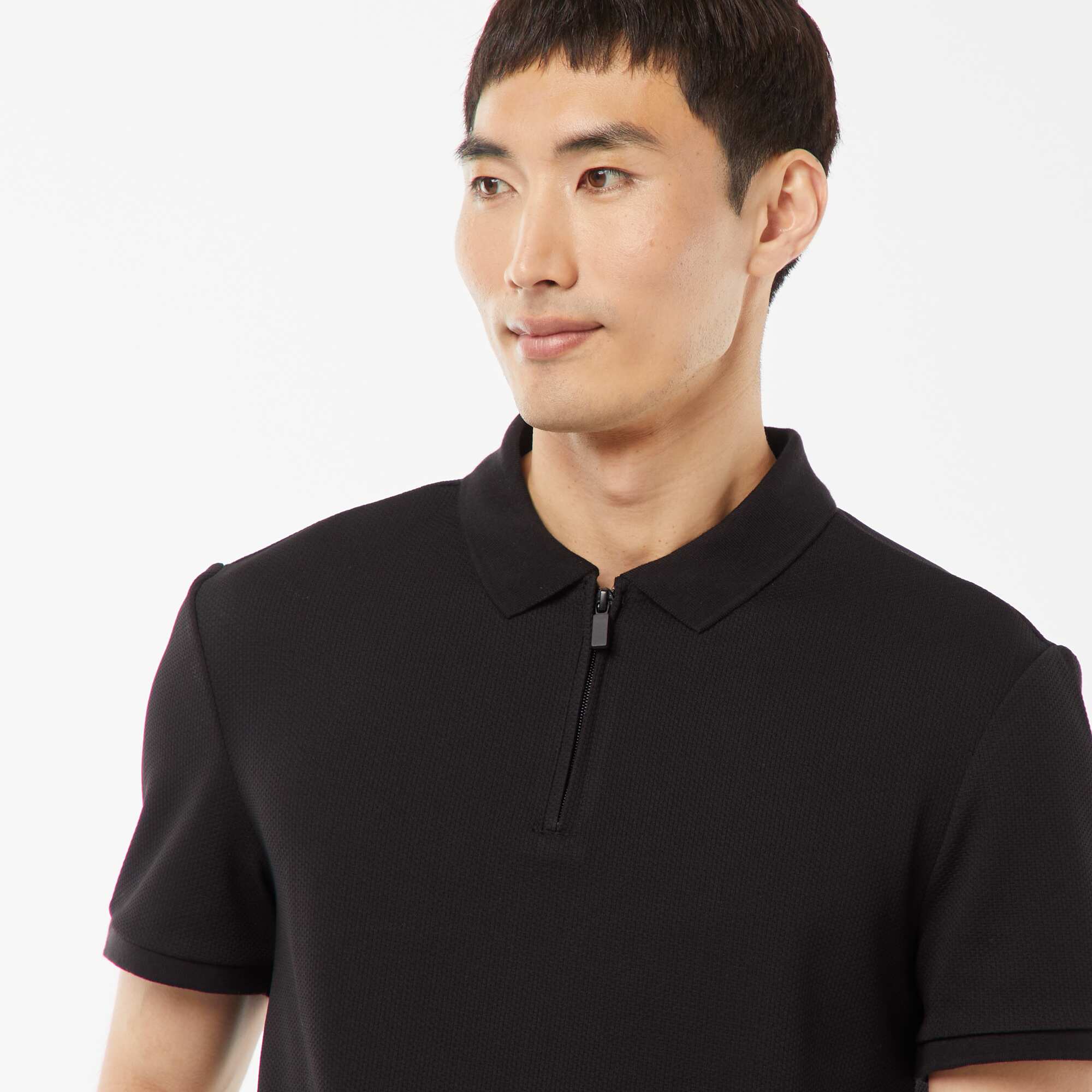 Waffle-knit polo shirt with zip-up neckline BLACK - Image 5