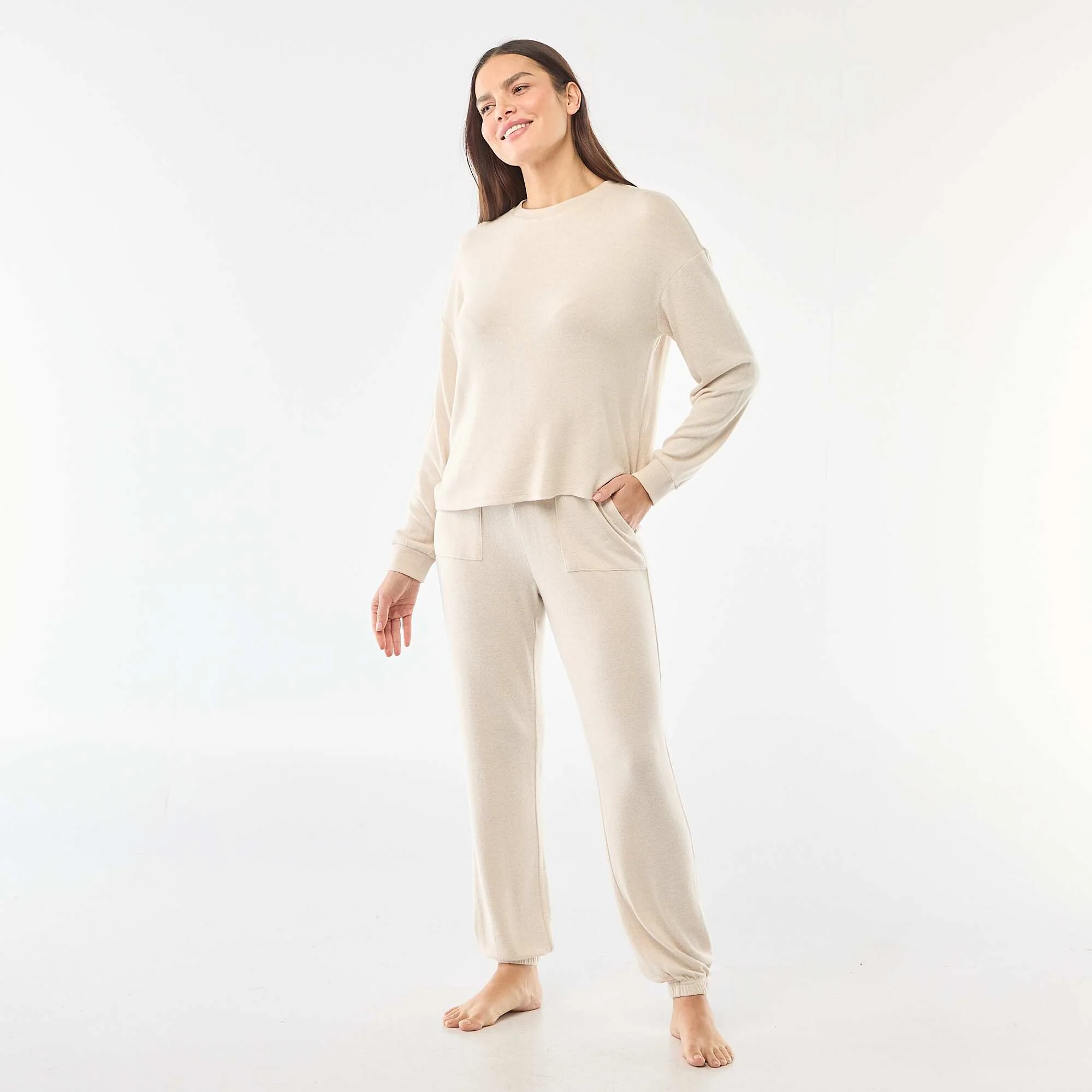 Warm Knit Long Pajamas - 2 Piece Set BEIGE