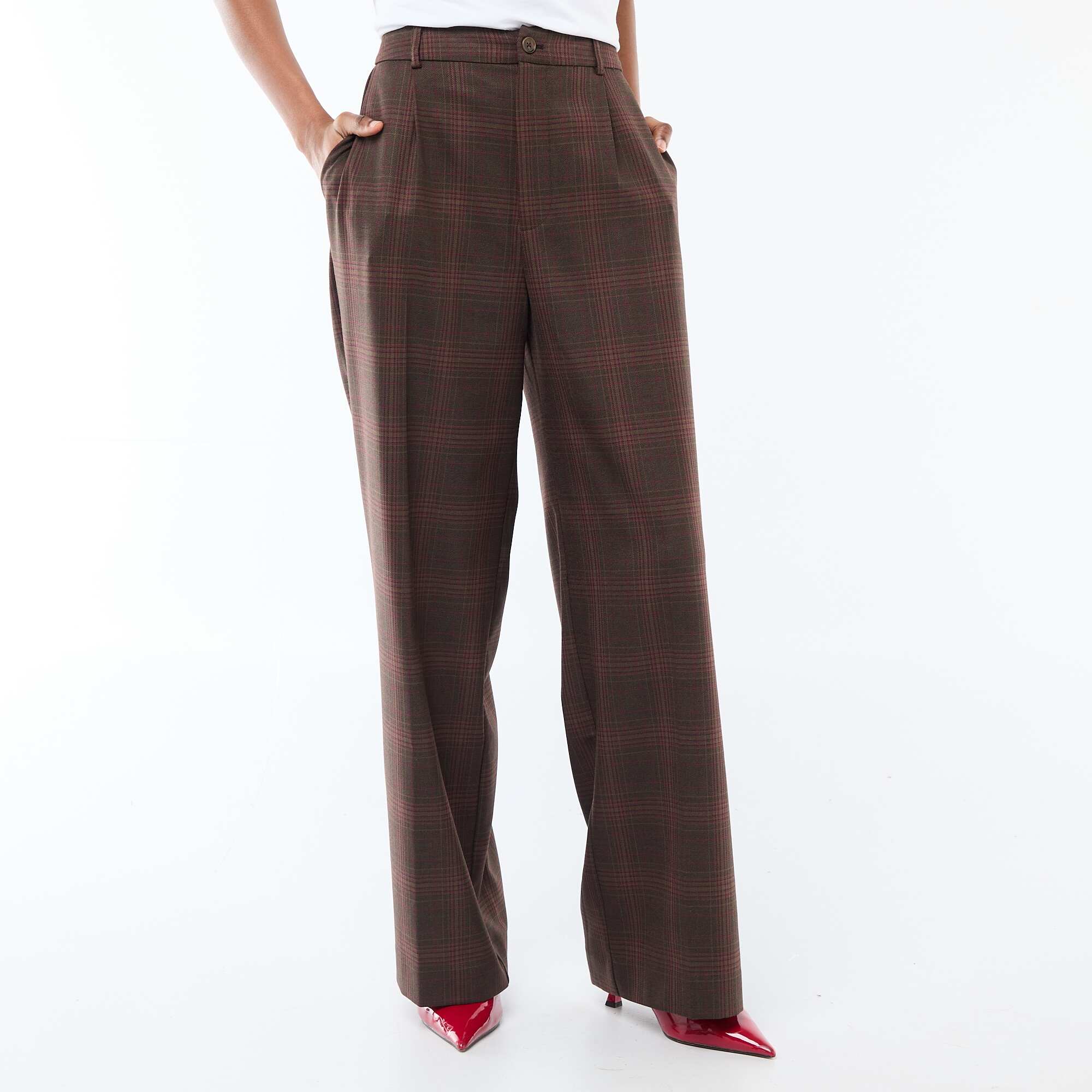 Wide-Leg Checkered Trousers BROWN - Image 2
