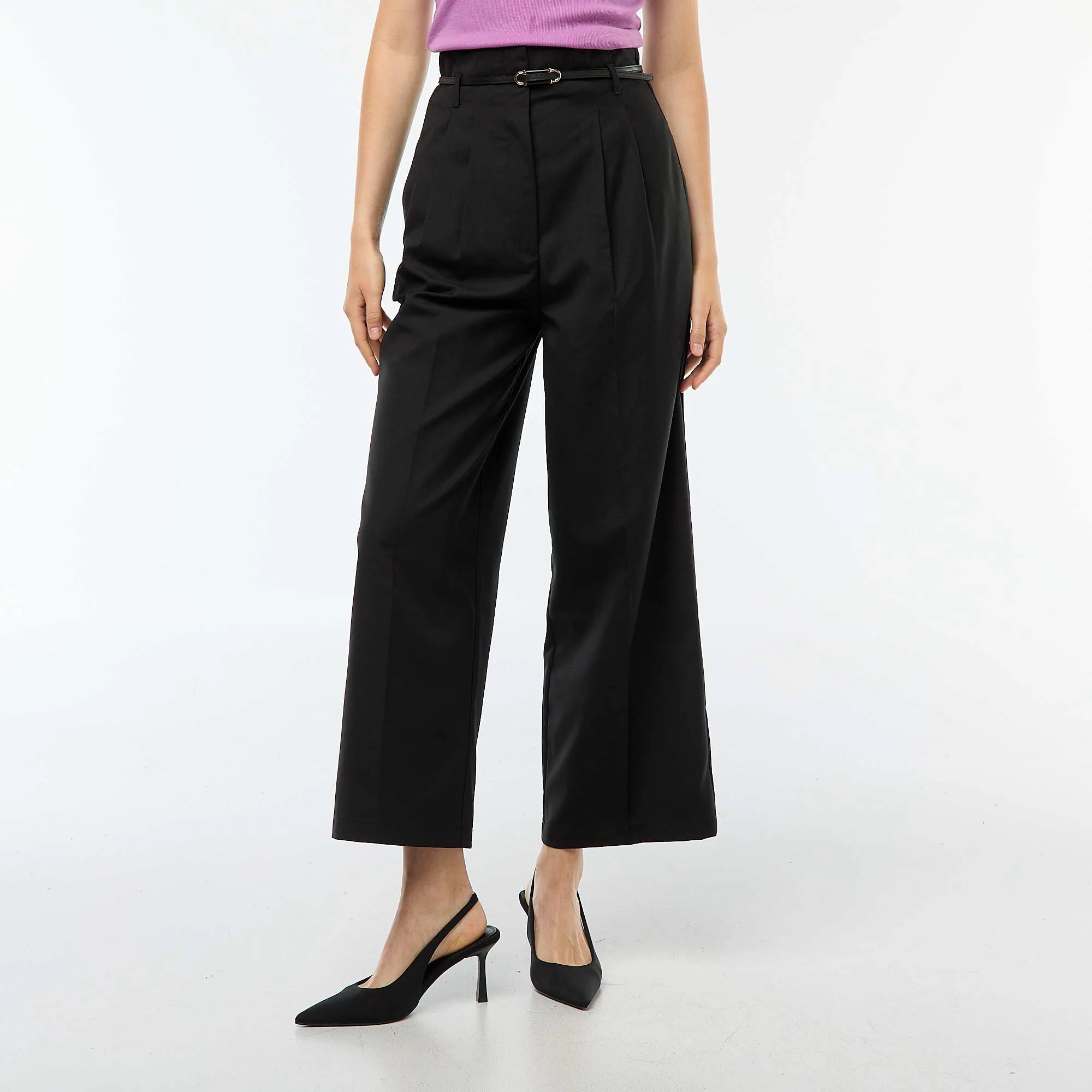 Wide-leg city trousers with тонким belt BLACK - Image 2