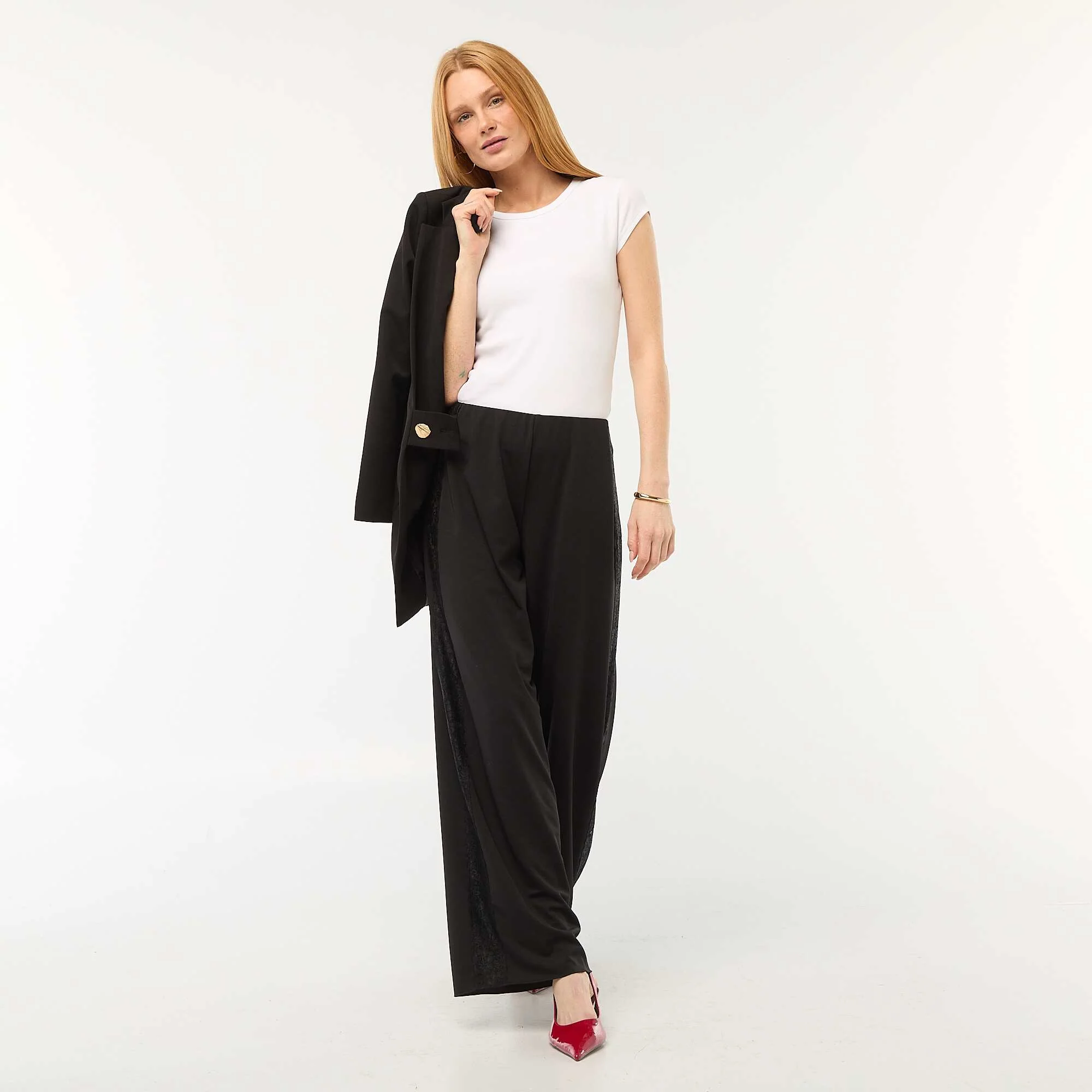 Wide Leg Flowy Pants with Lace Side Stripes BLACK