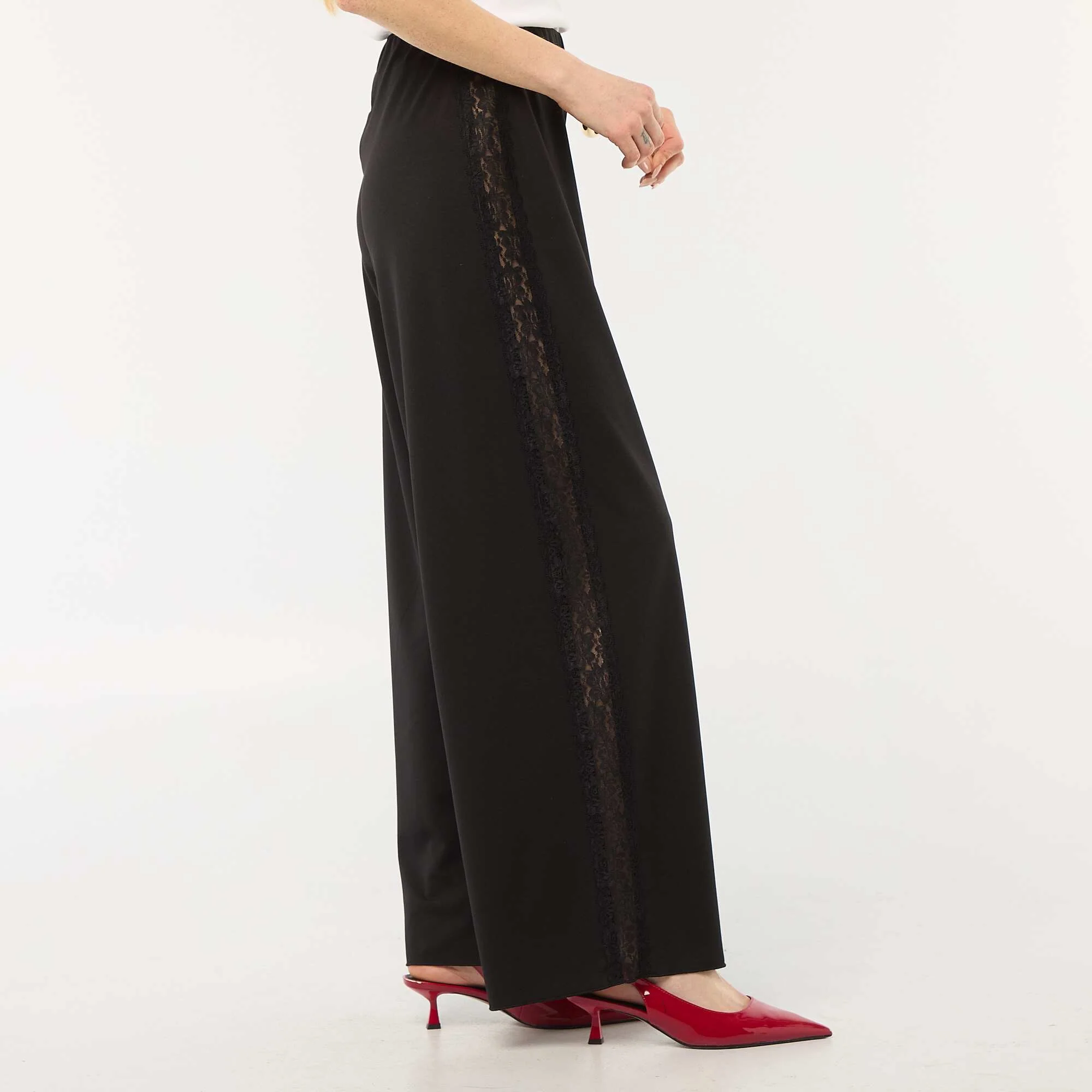 Wide Leg Flowy Pants with Lace Side Stripes BLACK - Image 2