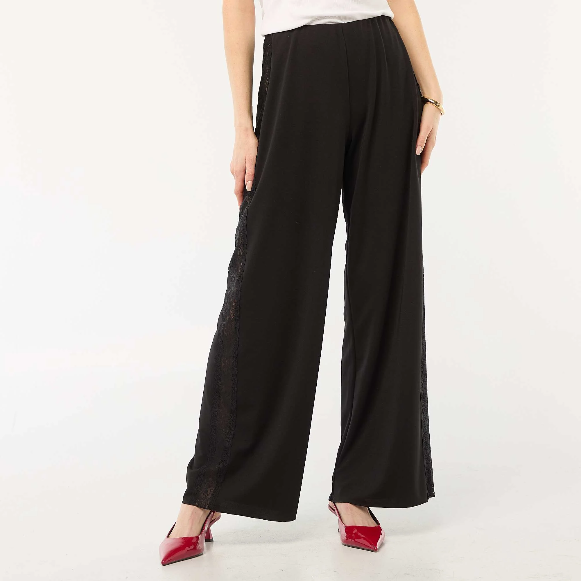 Wide Leg Flowy Pants with Lace Side Stripes BLACK - Image 3