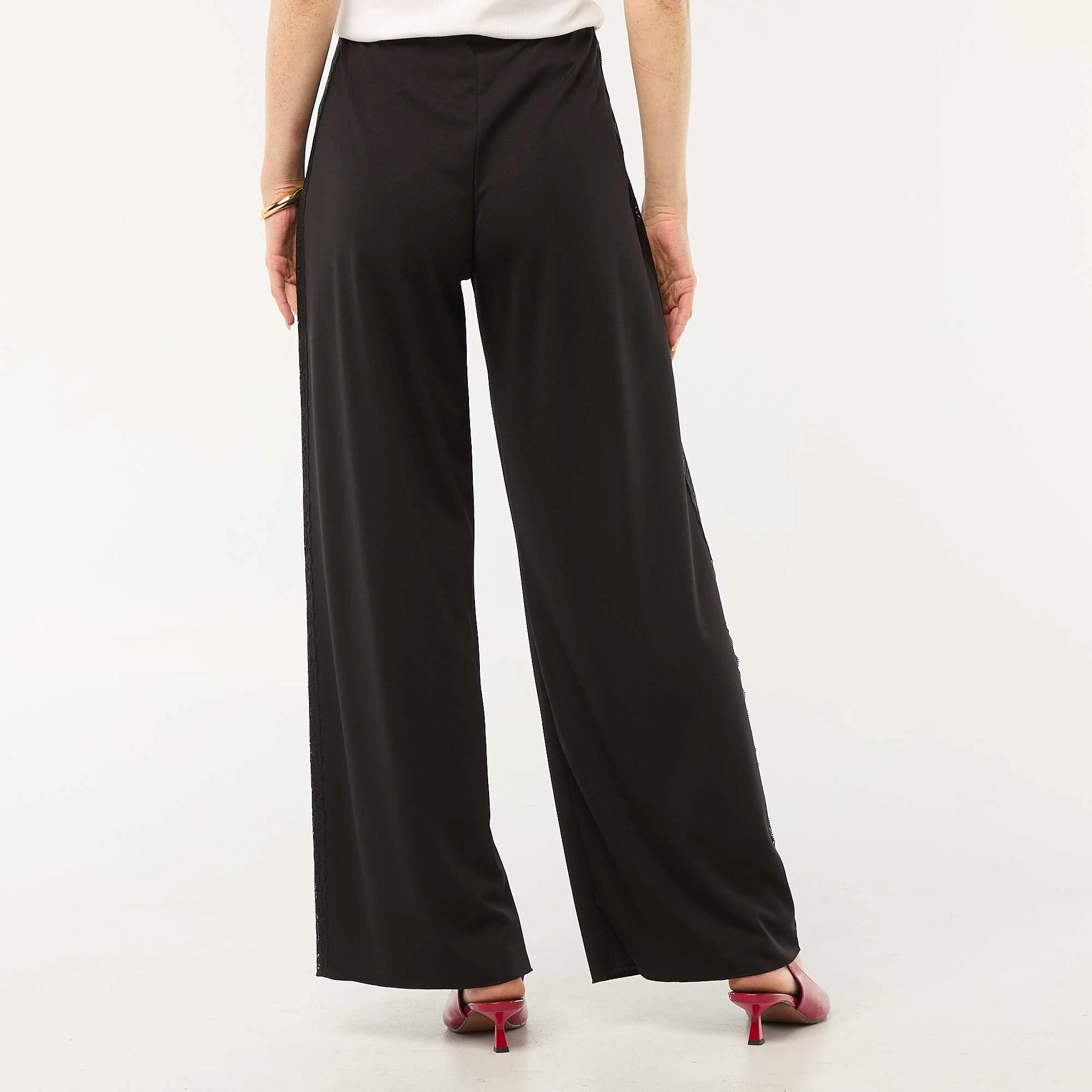 Wide Leg Flowy Pants with Lace Side Stripes BLACK - Image 4