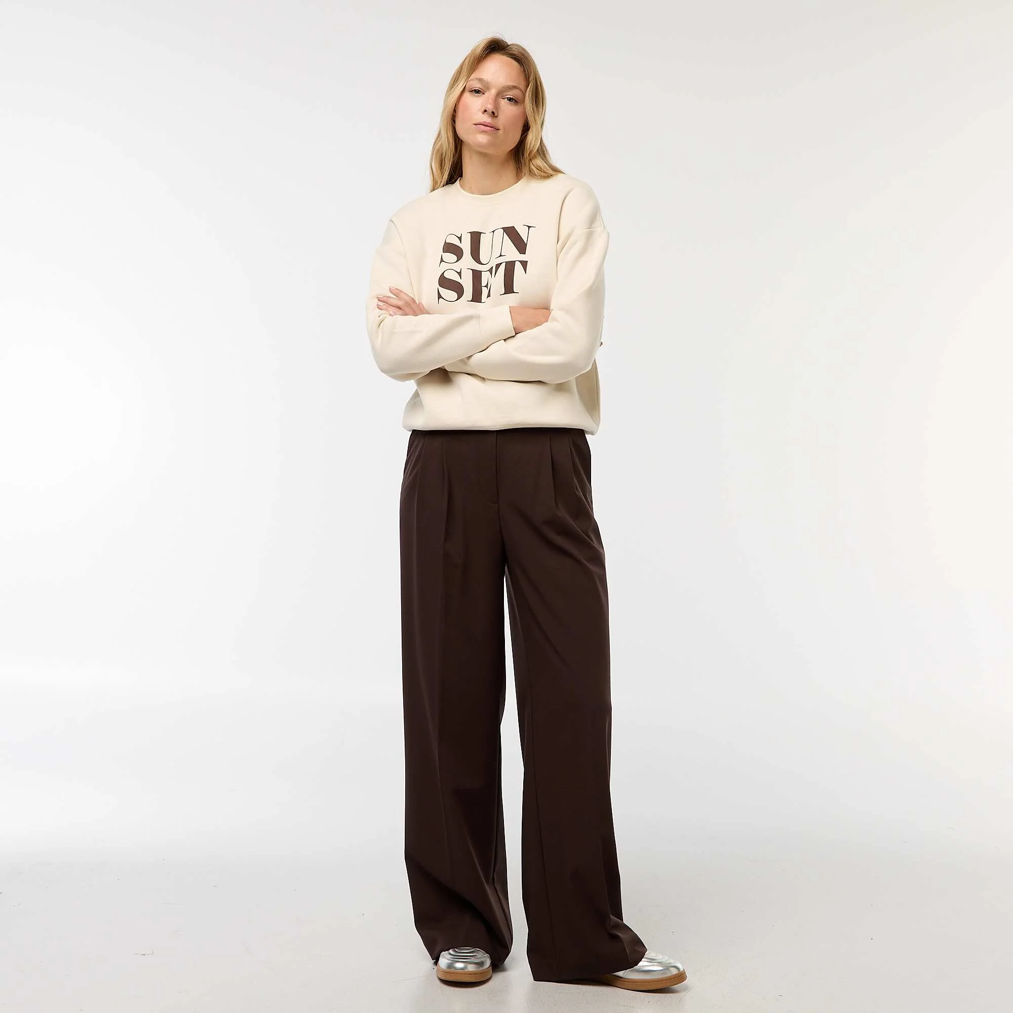 Wide-leg high-waisted 5-pocket trousers BROWN