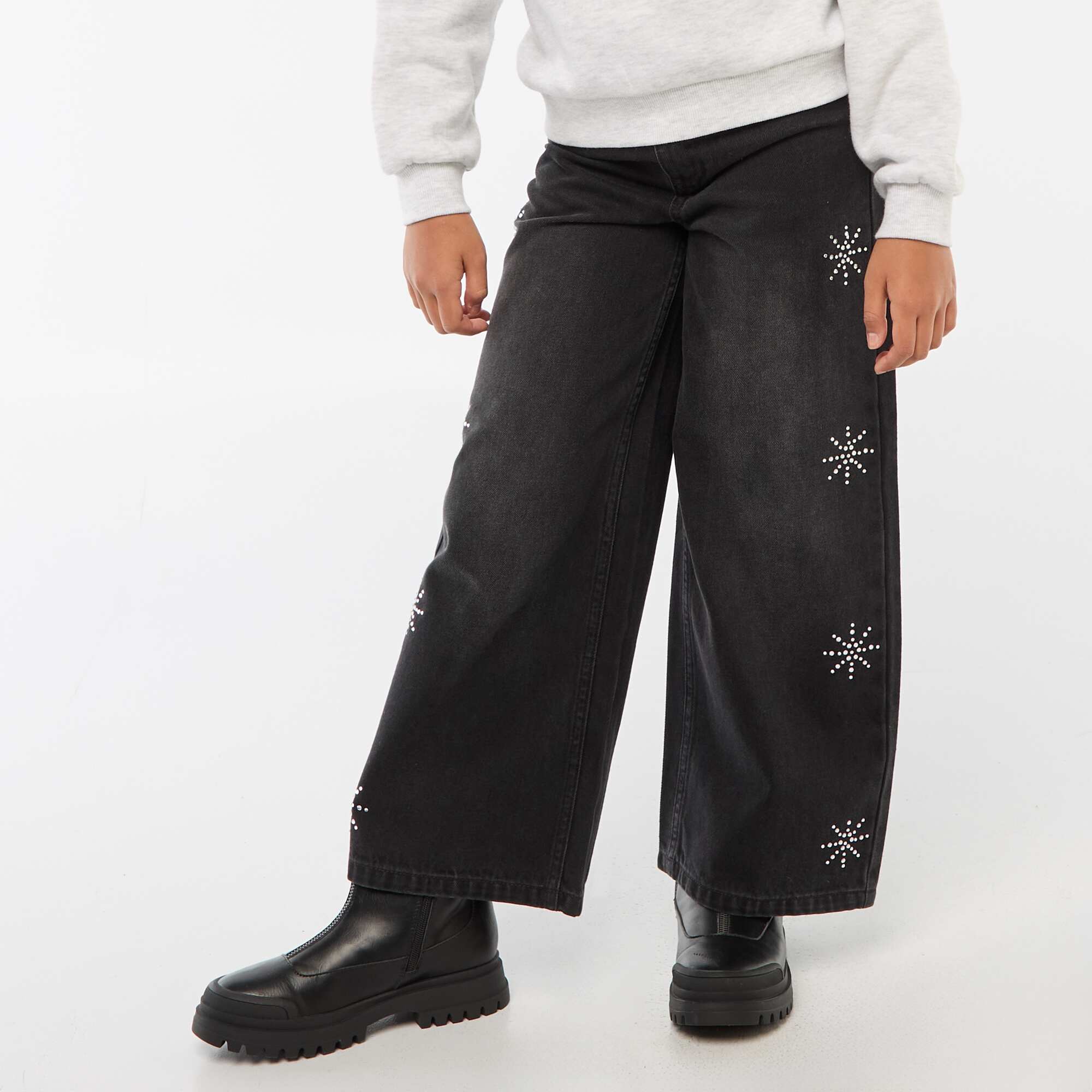 Wide-Leg Jeans with Rhinestone Snowflake Details GREY - Image 3