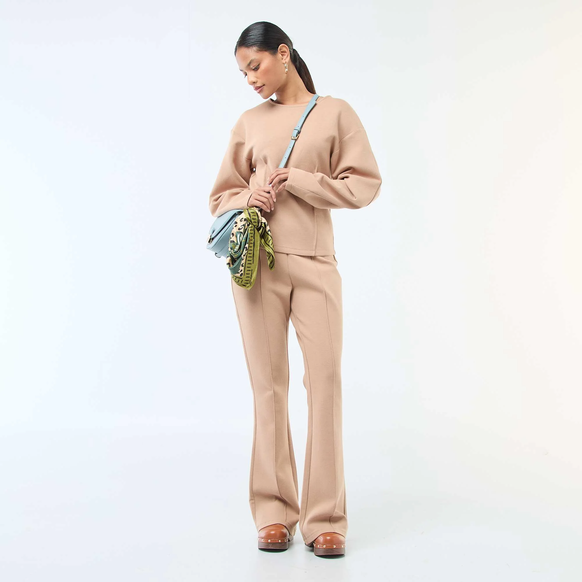 Wide-Leg Light Fleece Pants BEIGE