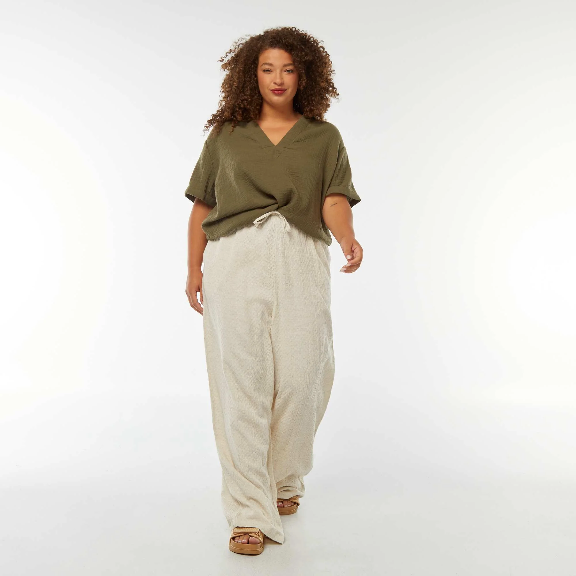 Wide-leg linen-blend trousers in textured knit fabric BEIGE