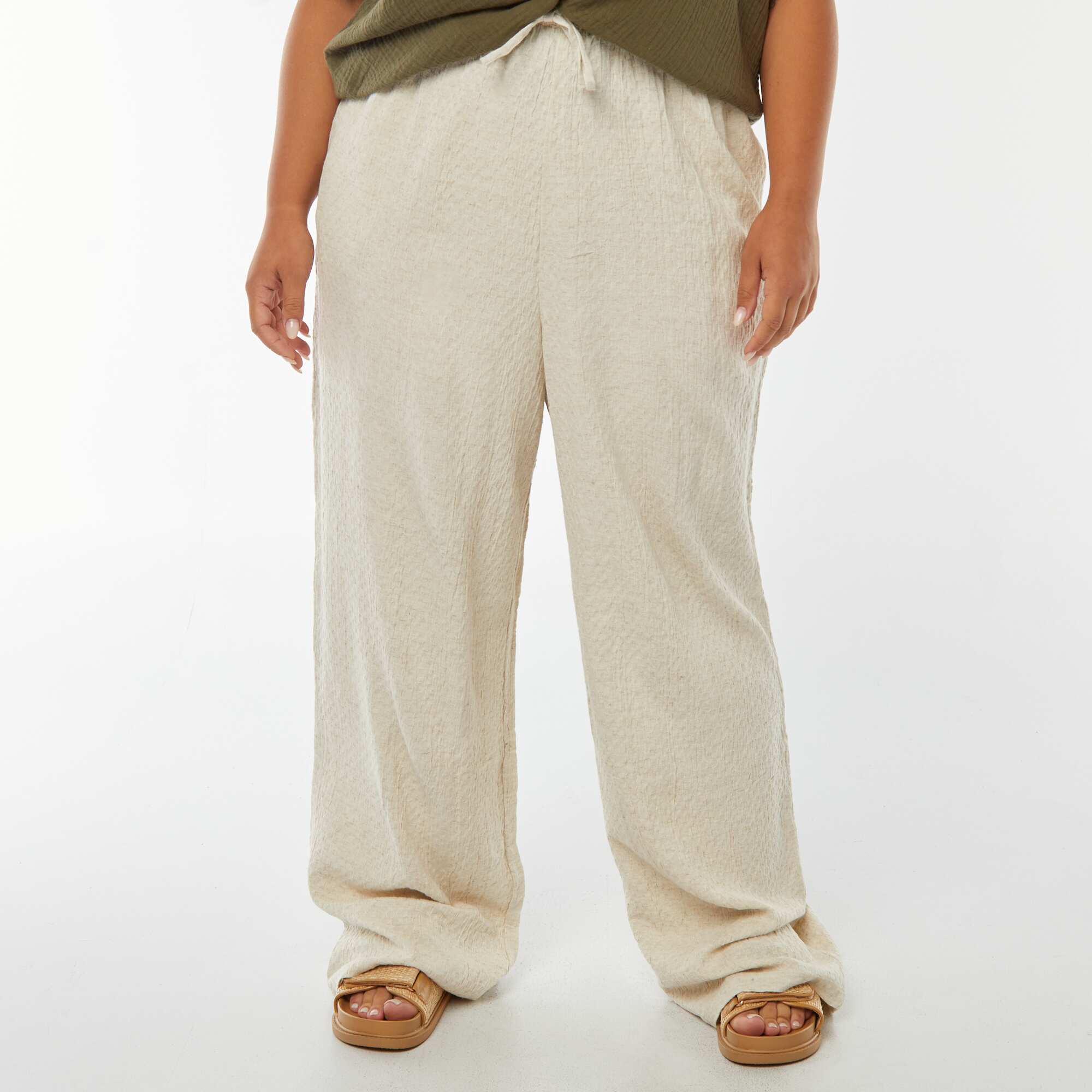 Wide-leg linen-blend trousers in textured knit fabric BEIGE - Image 2