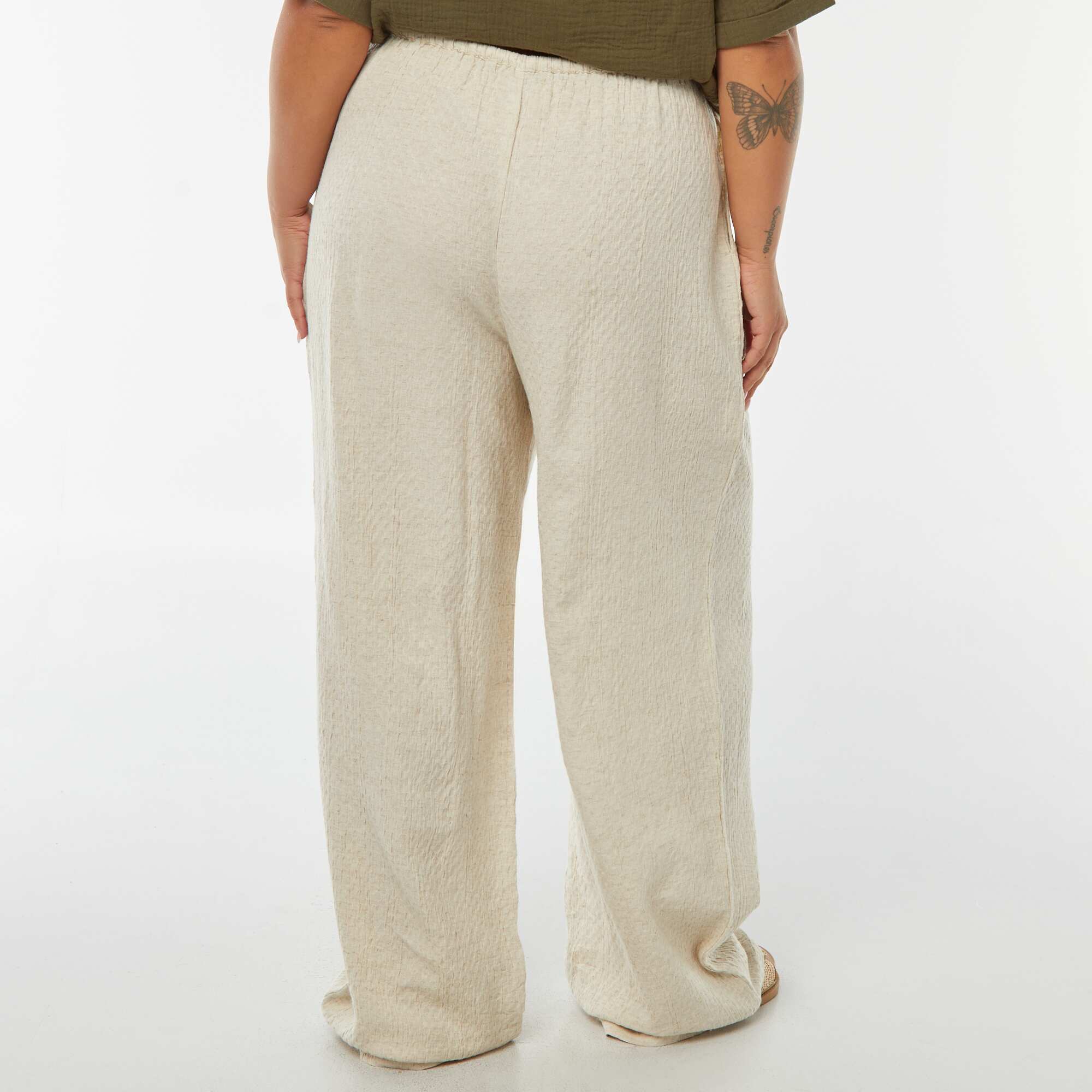 Wide-leg linen-blend trousers in textured knit fabric BEIGE - Image 3