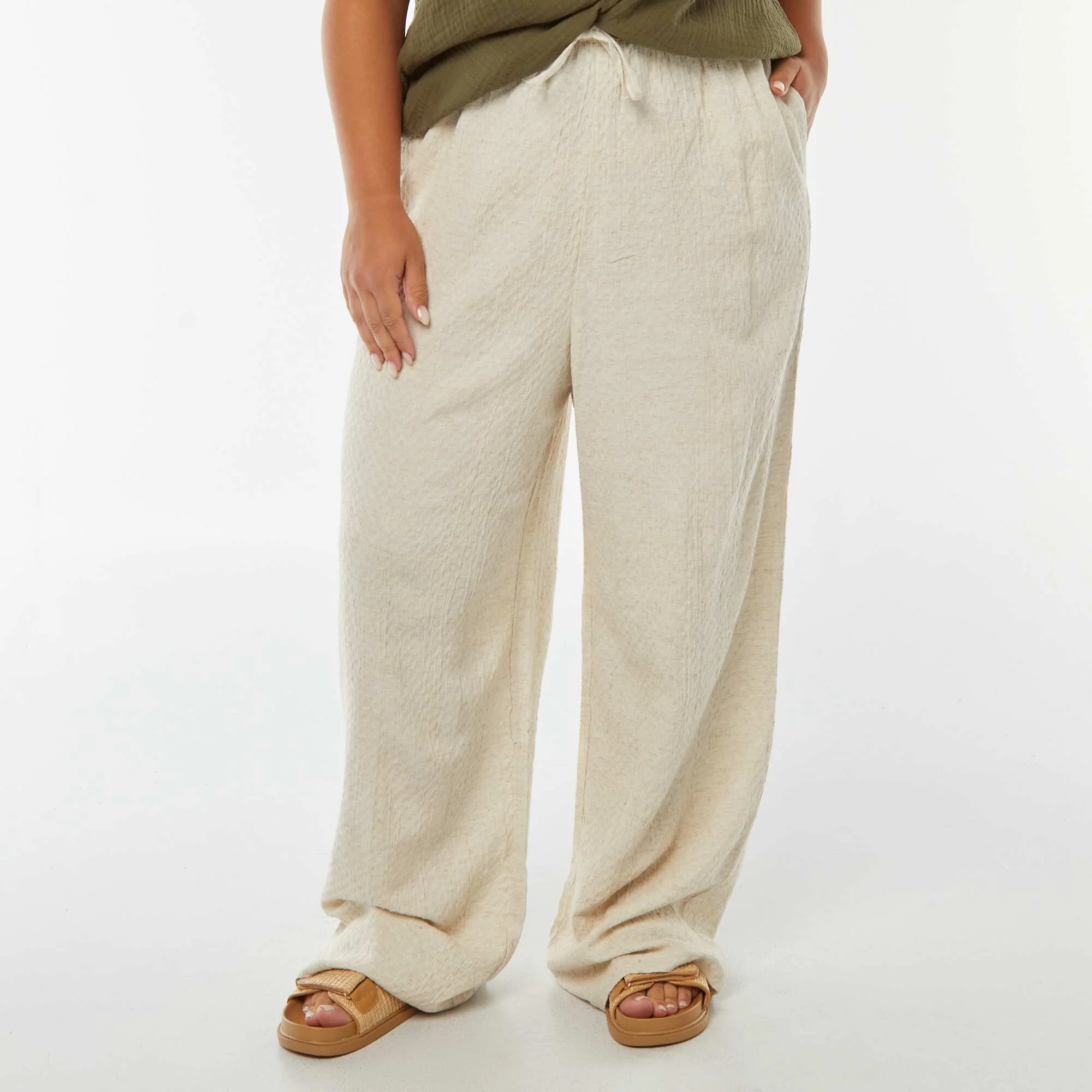 Wide-leg linen-blend trousers in textured knit fabric BEIGE - Image 4