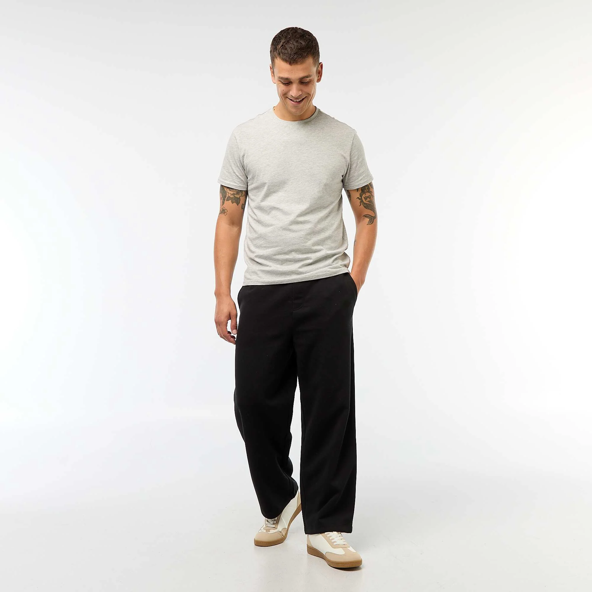 Wide-Leg Solid Cotton Trousers BLACK