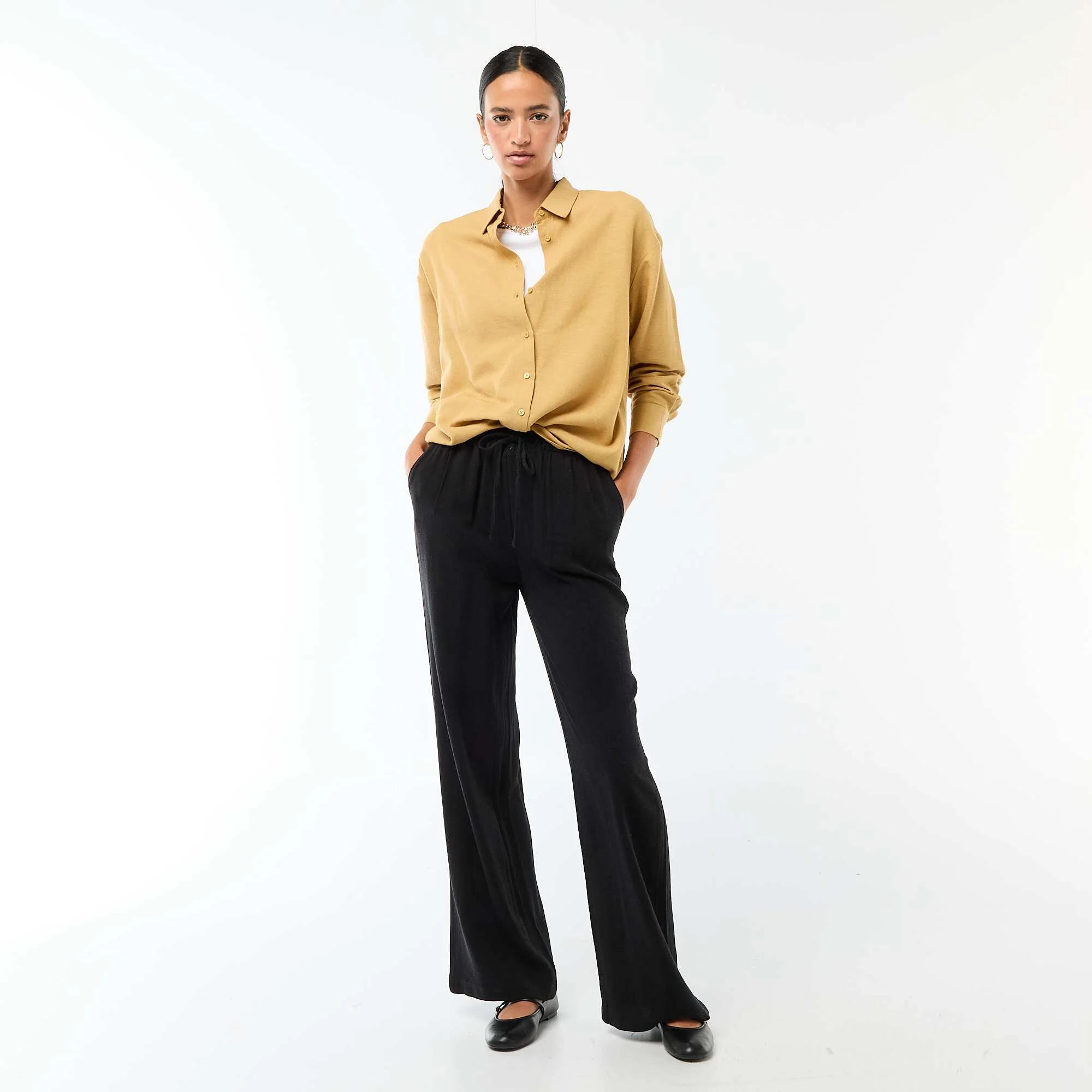 Wide Leg Solid Trousers with 2 Pockets BLACK