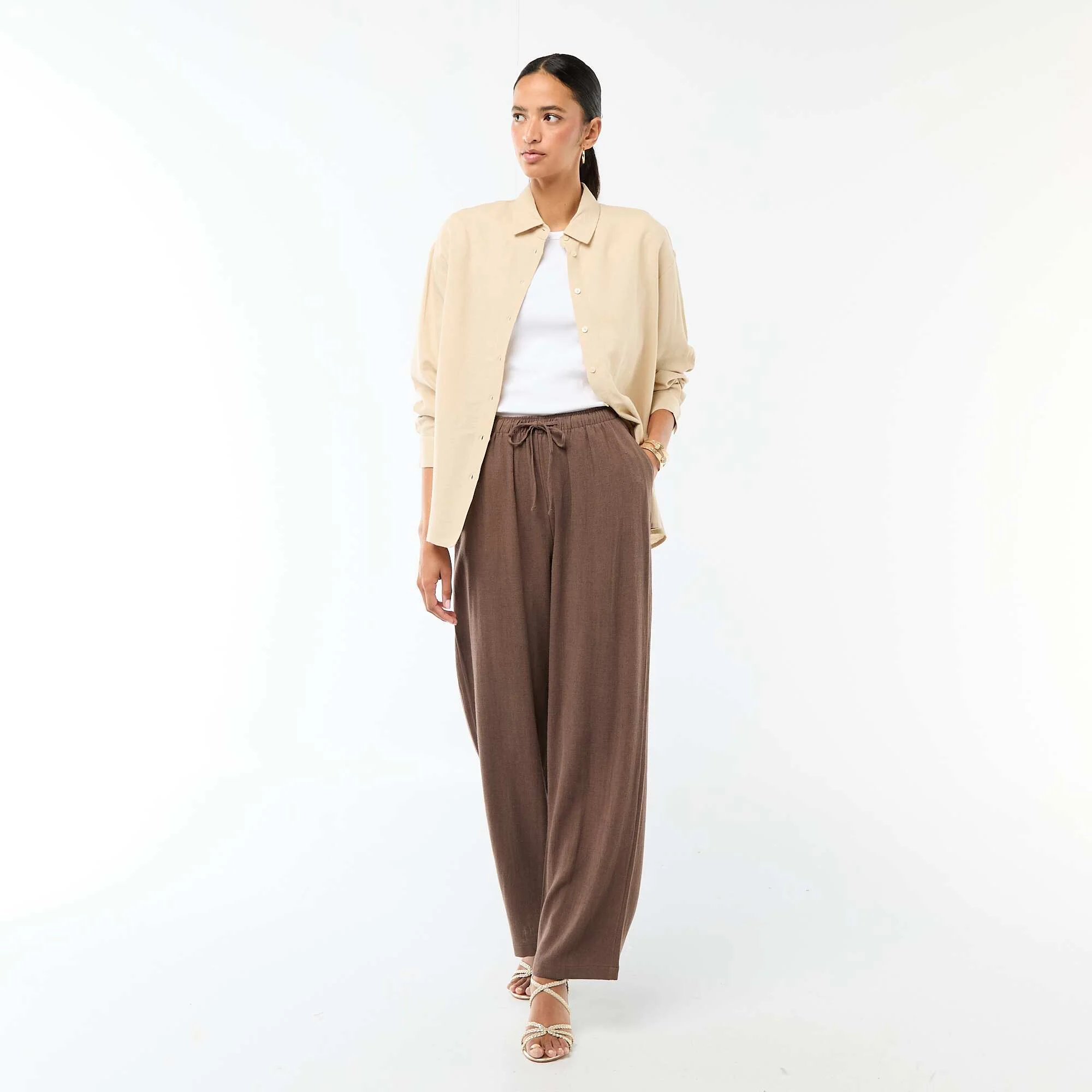 Wide Leg Solid Trousers with 2 Pockets BROWN