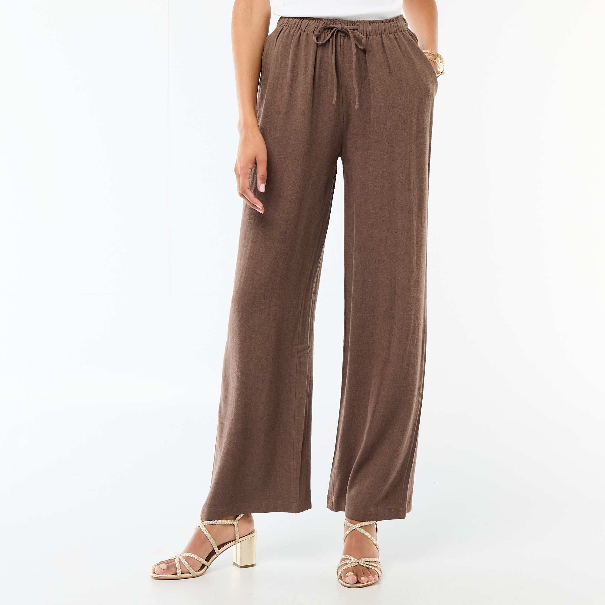 Wide Leg Solid Trousers with 2 Pockets BROWN - Image 2
