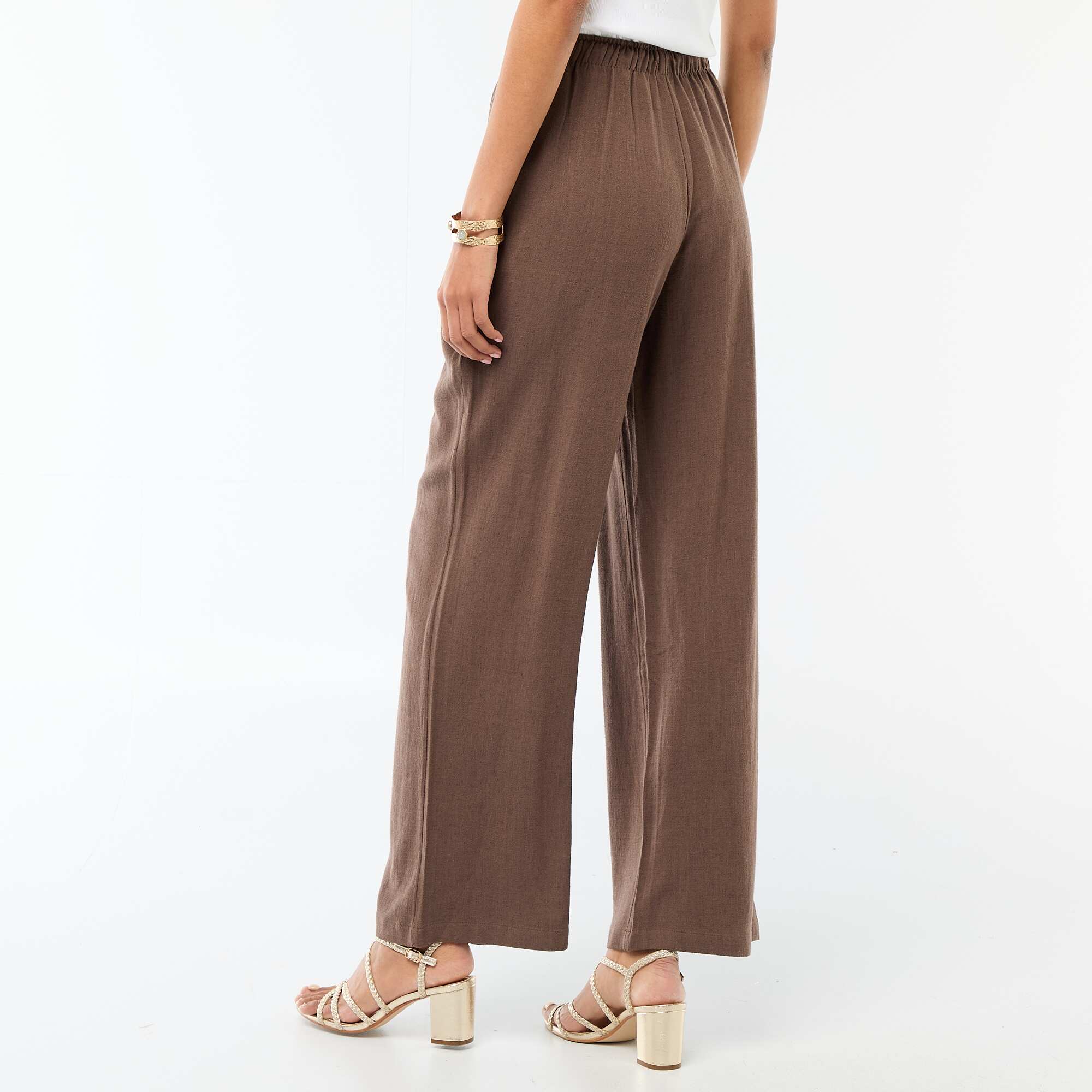 Wide Leg Solid Trousers with 2 Pockets BROWN - Image 3
